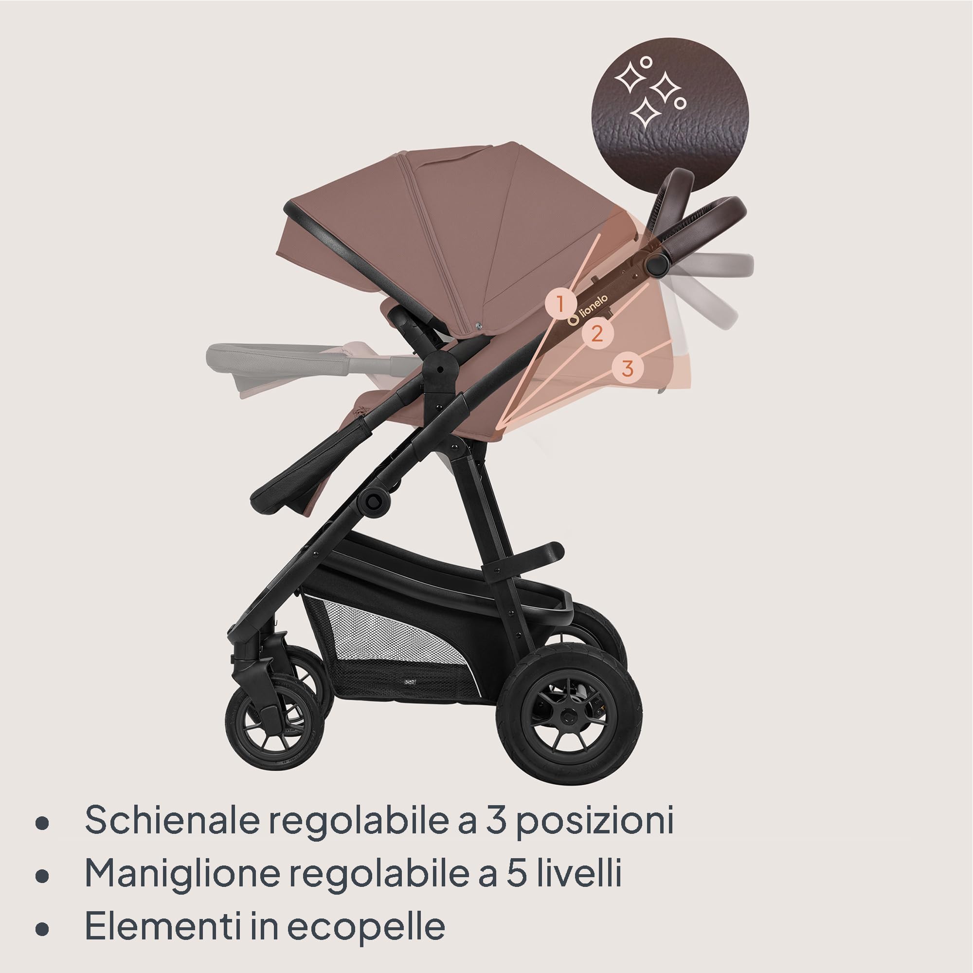 LIONELO Bianka Passeggino Trio 3in1 con Navicella Ovetto, Bambini 0-48 Mesi | Fino a 22 kg, Ovetto, Seduta Reversibile, Ruote Grandi, Cappottina XXL UPF50+, Pieghevole