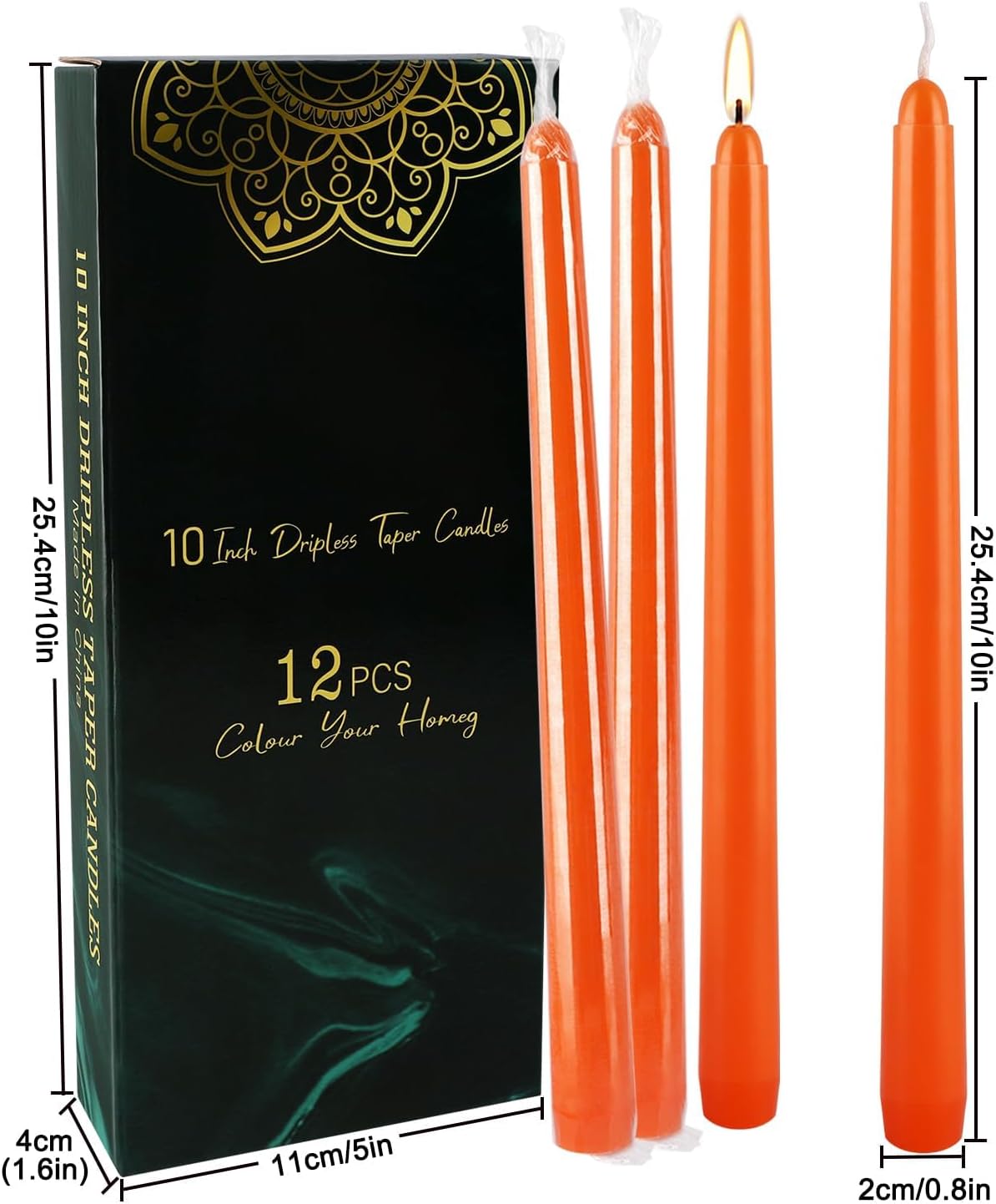 12 Pack 10 Inch Orange Taper Candles, Dripless Wax