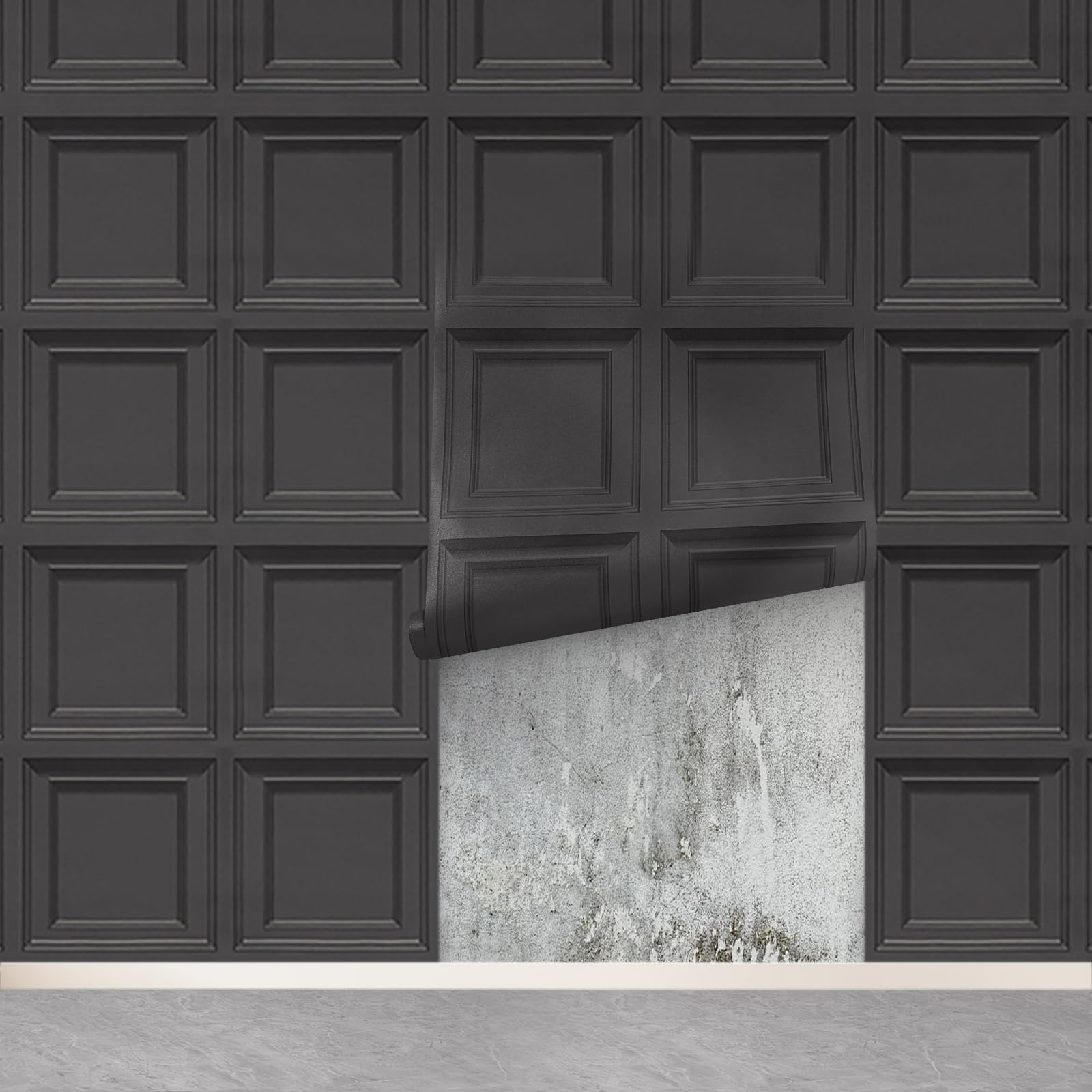 Tarwanear Black Wallpaper for Living Room Black Panel Wallpaper Non-Woven 3D Panelling Wallpapers Faux Tartan Easy Installation Design for Feature Walls Fireplace Frontroom