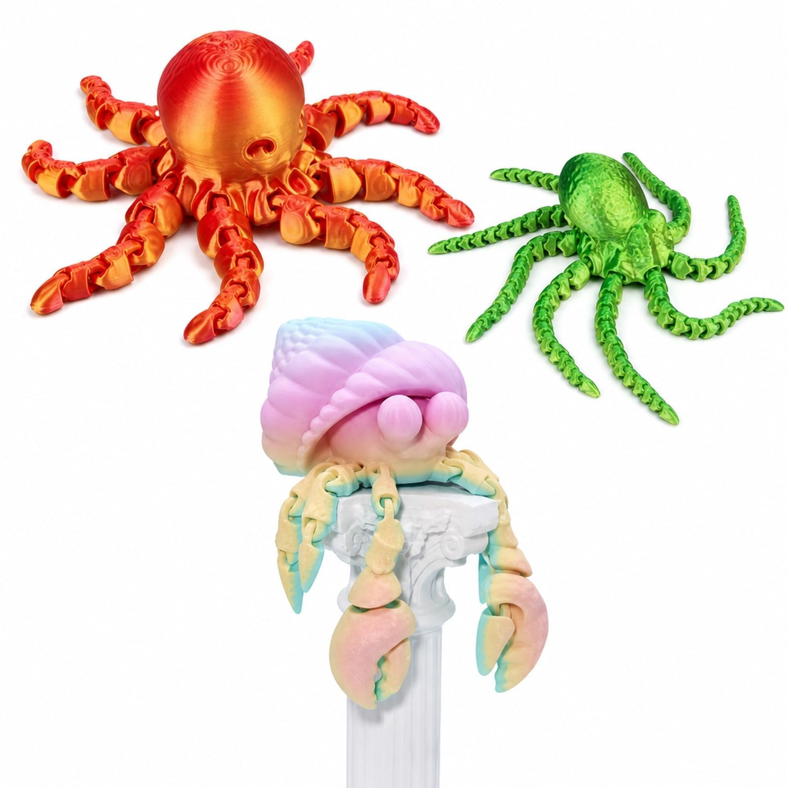3 Articulated 3D Printed Animals, Octopus and Hermit Crab
