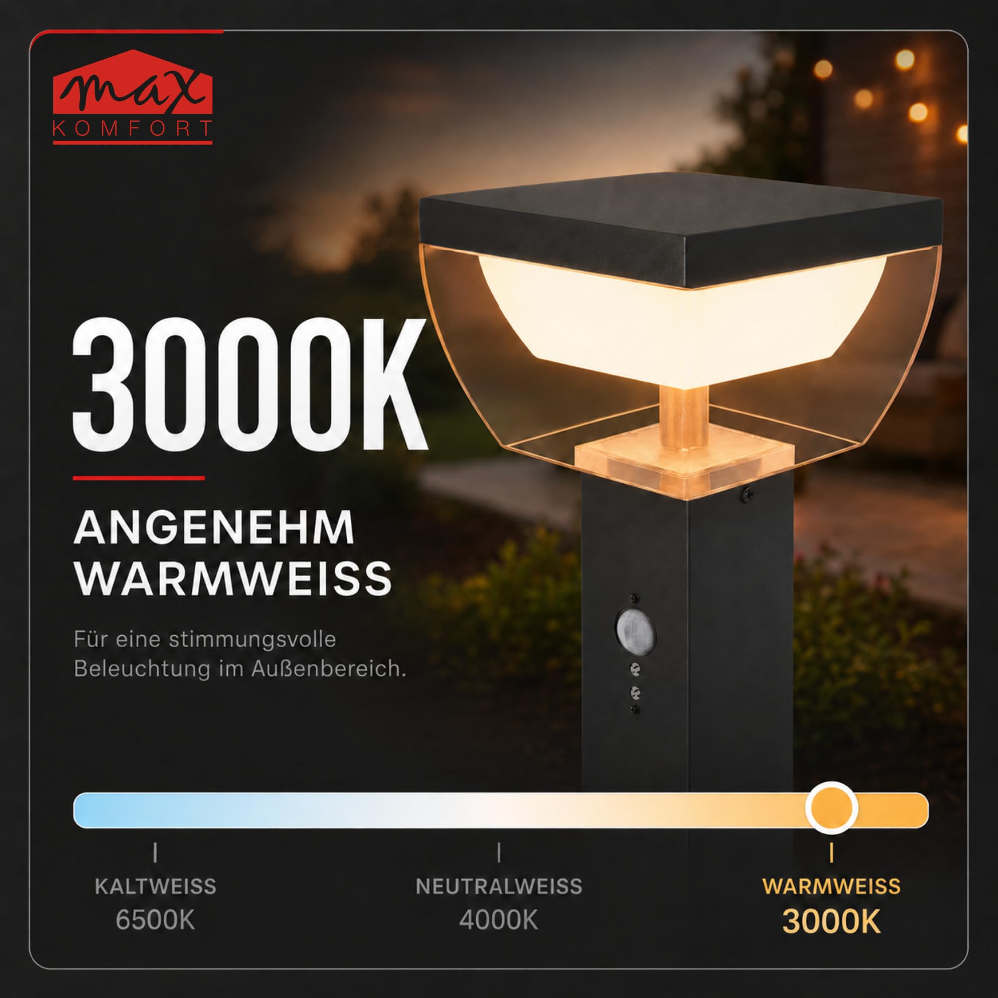 Maxkomfort LED Außenstandleuchte Anthrazit 80cm mit Bewegungsmelder – Outdoor Wegeleuchte IP44 – 10W Warmweiß 3000K, Aluminium, Sensor mit Zeit- & Dämmerungseinstellung