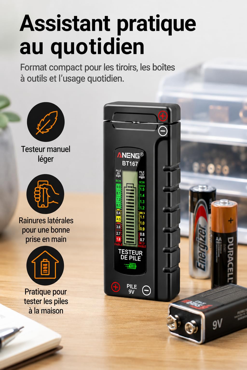 VOBOR Testeur de Piles Numérique Universel, Écran LCD, Battery Tester pour Piles AA AAA C D 9V 1,5V Pile Bouton
