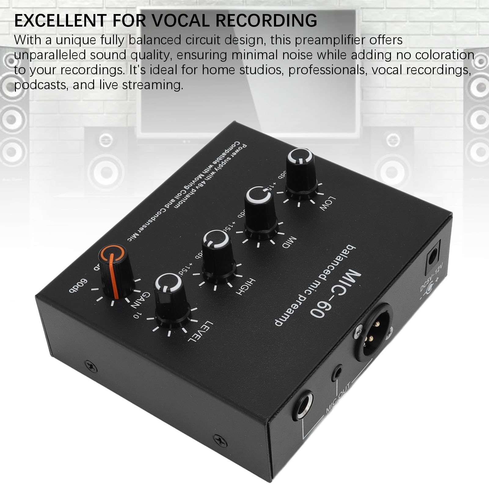 Préampli Micro, 60 DB Gain élevé, 48V Power, 3,5mm/6,35mm/XLR Sortie, Préamplificateur de Microphone, Préampli Microphone pour Micro à Condenseur et Dynamique (Prise UE)