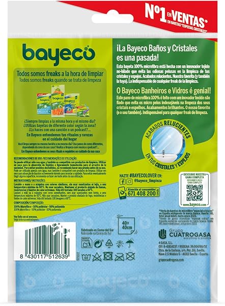 Bayeco - Bayeta cristales y baños - Solución perfecta para espejos, cristales y limpieza del baño - Bayeta microfibra con gran capacidad de absorción - No deja marcas y pelusas - 1 unidad - 2