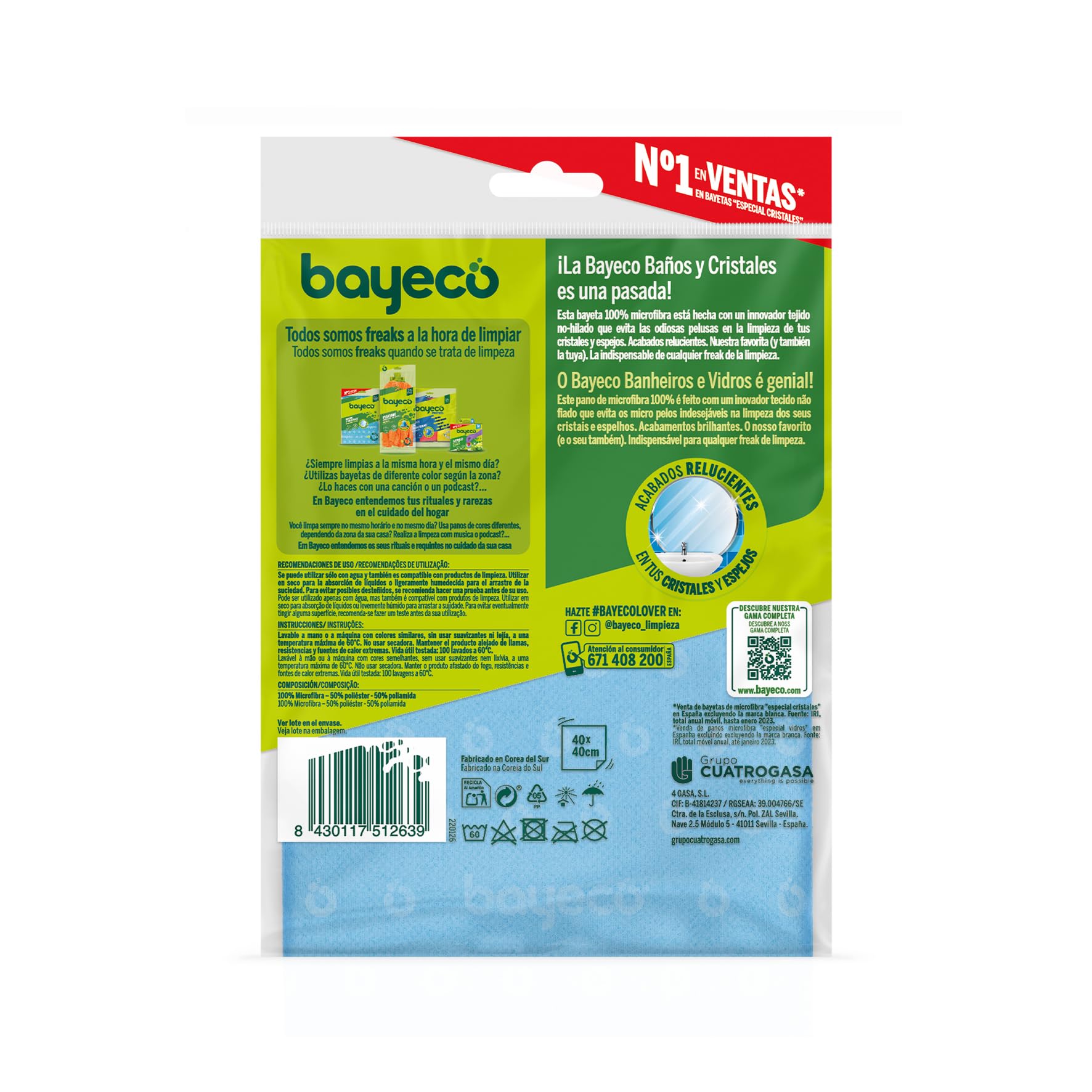 Bayeco - Bayeta cristales y baños - Solución perfecta para espejos, cristales y limpieza del baño - Bayeta microfibra con gran capacidad de absorción - No deja marcas y pelusas - 1 unidad — view 2