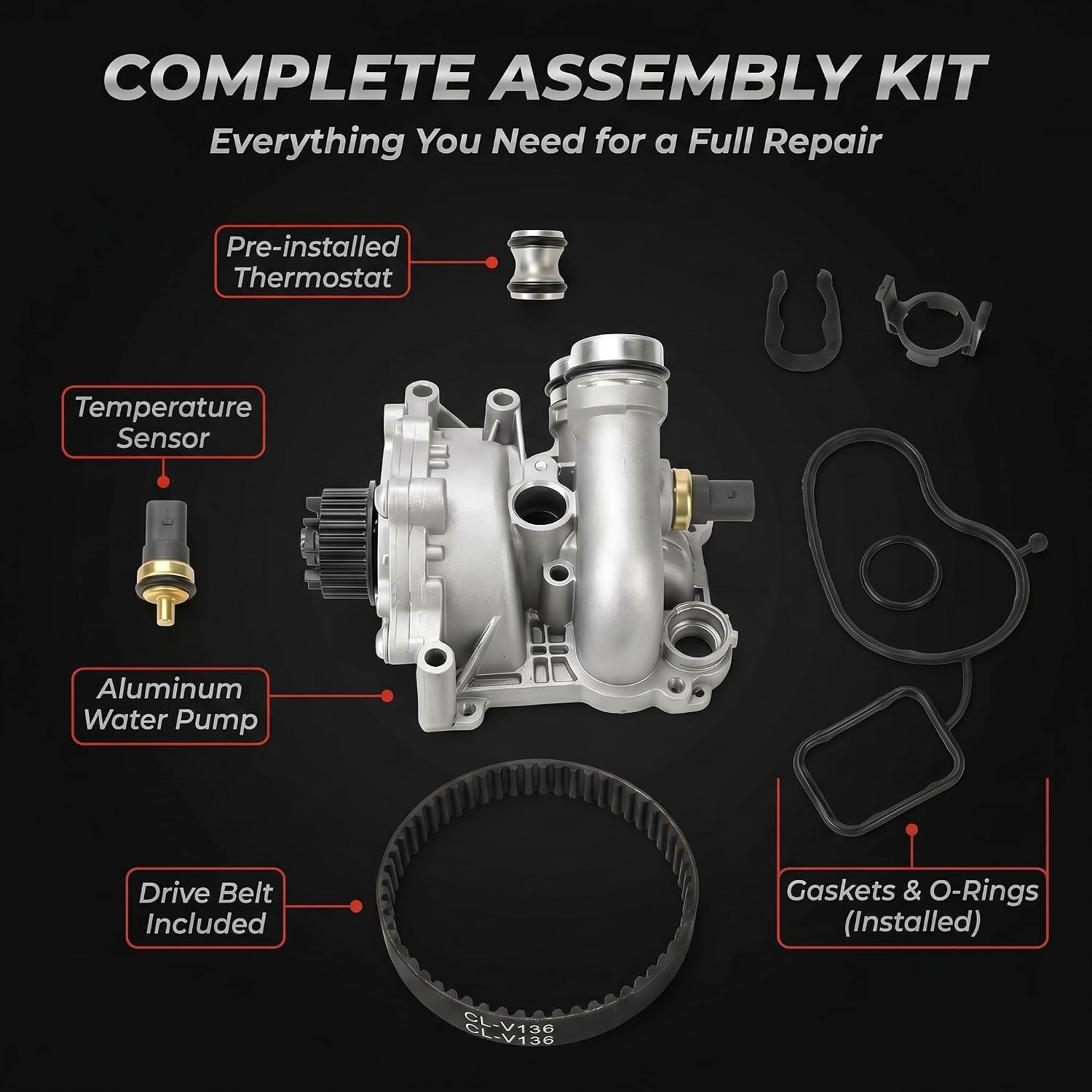 Upgraded Aluminum Water Pump Thermostat Assembly Compatible with Audi A4 A5 Q5 VW GTI Tiguan Jetta 2.0T TSI - Replaces 06H121026DD w/Belt & Sensor