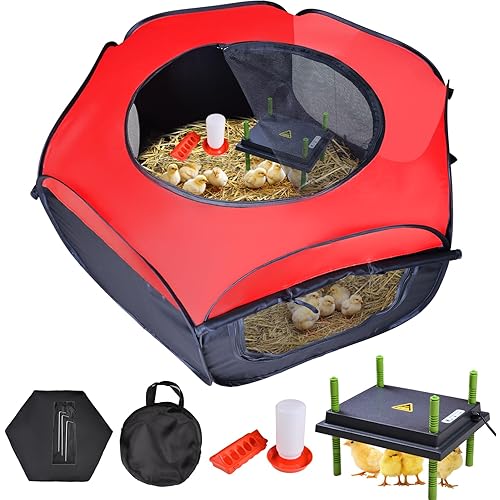 Chicken Brooder Box for Chick Starter Kit - 10 * 12inch Brooder Heating Plate Chick Brooder Pen Chicken Brooder Box 4-in-1 Bundles with Chicken Feeder, Waterer (Brooder Set,Red)