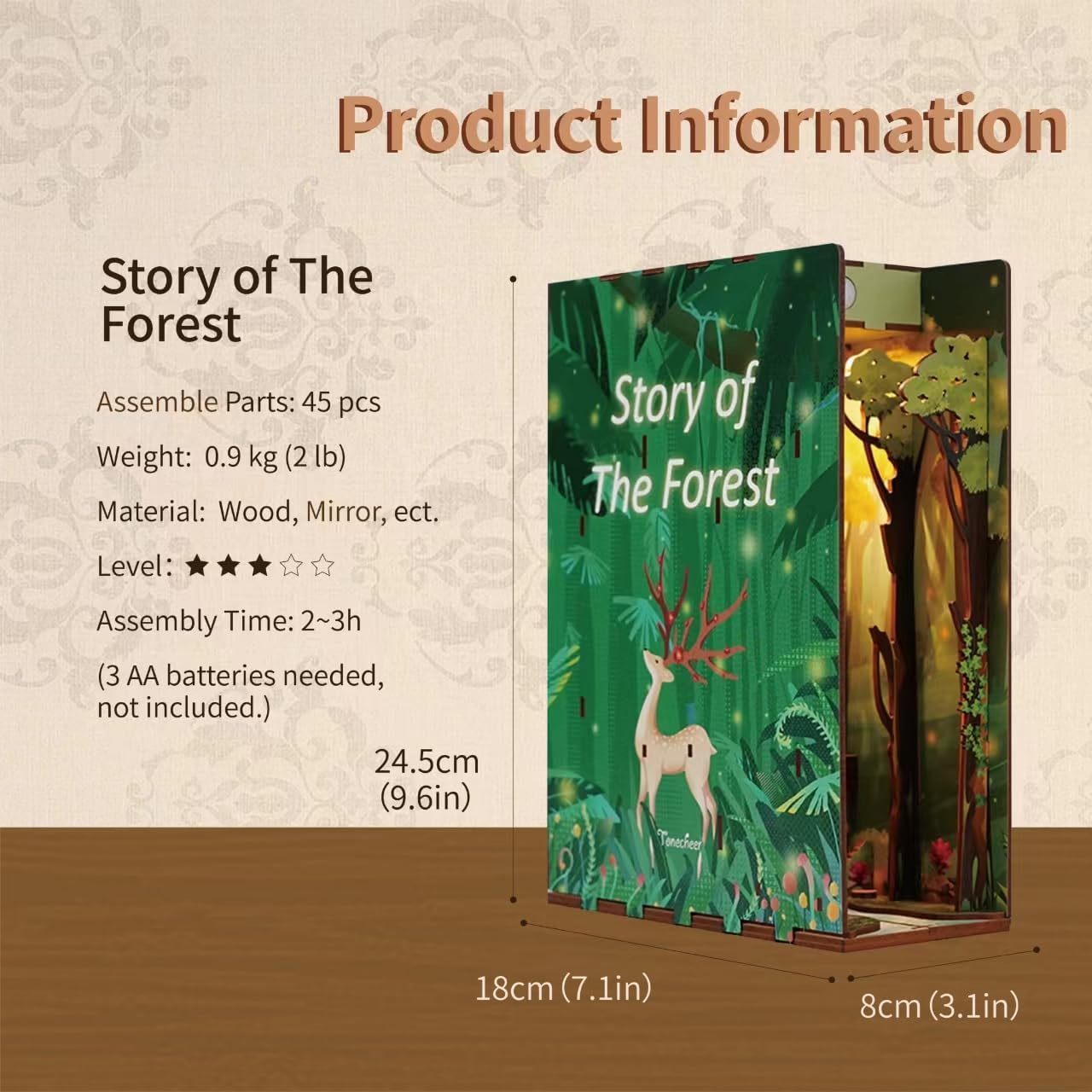 Tonecheer DIY Book Nook Kit for Adults,3D Wooden Puzzle Bookend Bookshelf Insert Library Decor, Booknook Miniature House Kit with Body Motion Sensor LED Light (Story of The Forest)