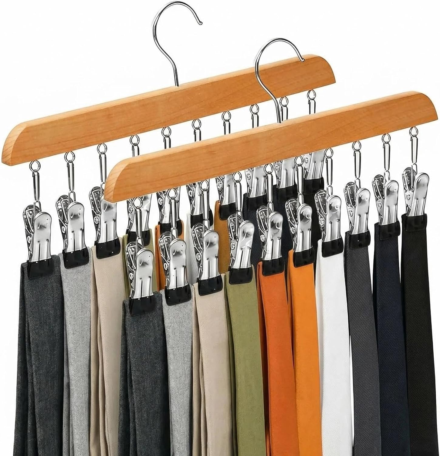 2 Pack Legging Organizer for Closet, Wooden Pants Hangers with 10 Clips | Holds 20 Jeans, Skirts, Underwear, Panties, Space Saving Hangers for Wardrobe Storage & Organization