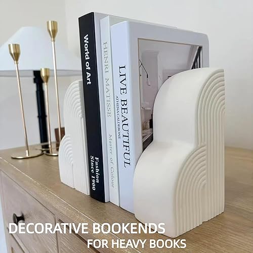 Miniatura 6 de Sujetalibros decorativos de hormigón para libros pesados, juego de 2 sujetalibros decorativos blancos para estantes, decoración bohemia de oficina,