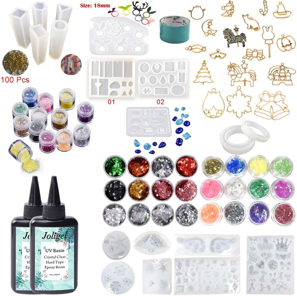 200ml Crystal Clear UV Epoxy Resin Sunlight Curable 18 Molds 17 Bezels 36 Holographic Decorations Resin Crafts Kit with Eyelets for Jewelry Making Bracelets Pendants Rings Keychains Charms Necklaces