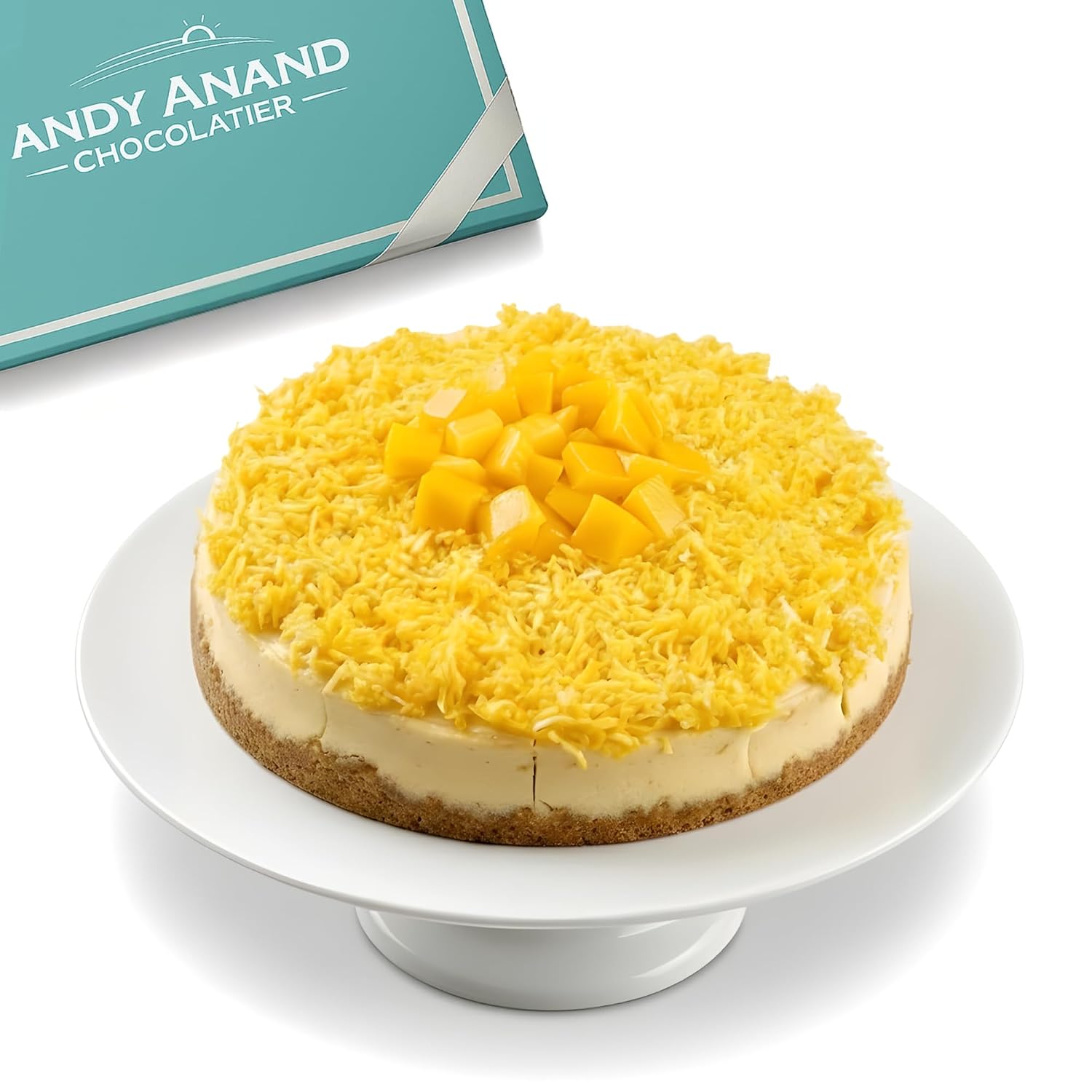 ANDY ANAND CHOCOLATIER Sugar Free Coconut Mango Cheesecake - 9 Inch 2.6 lbs, Diabetic Friendly, Authentic Recipe with Fresh California Cream Cheese, No Preservatives or Chemicals, Gourmet Sugar Free Dessert