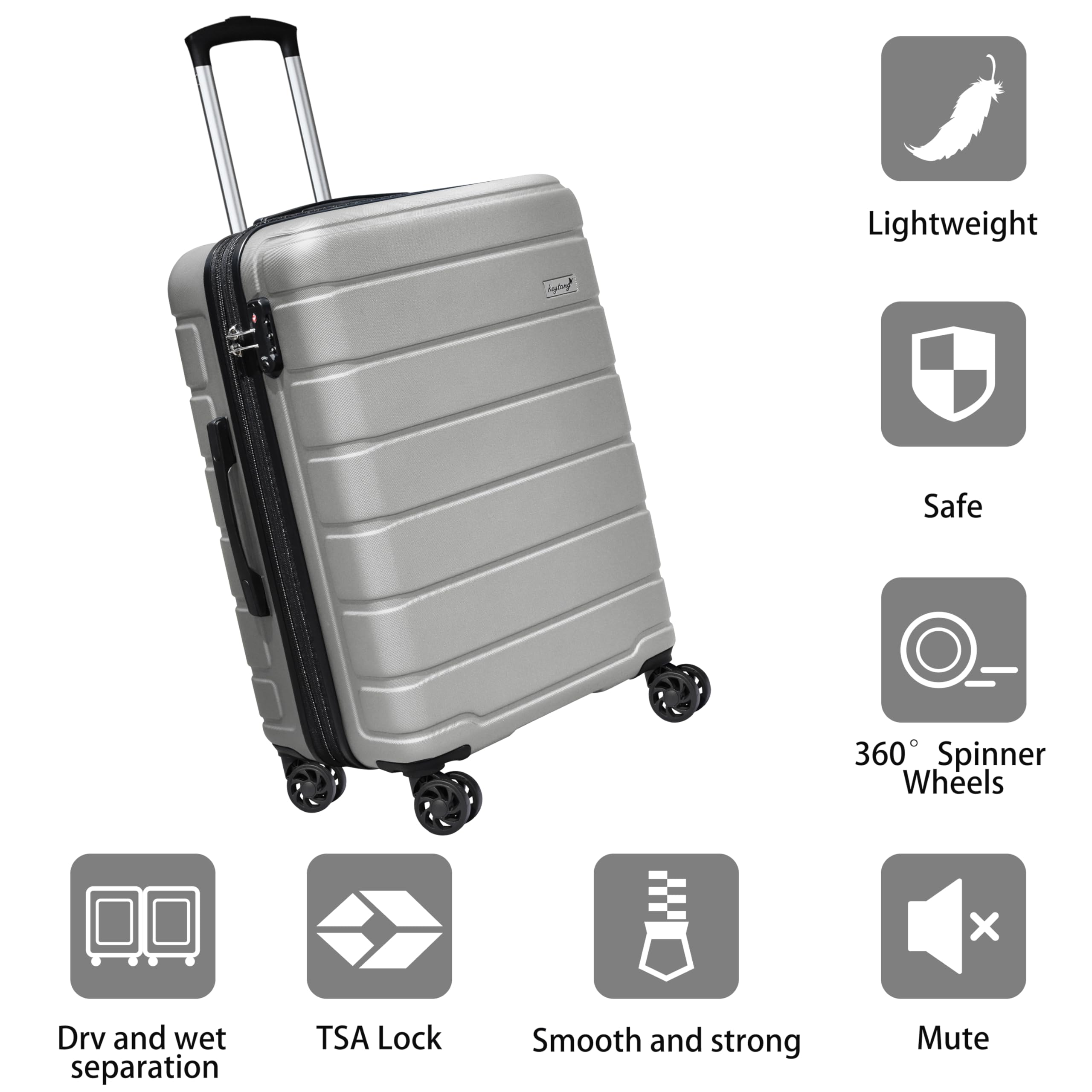 KEYTANG Luggage Light weight Luggage Hardside Expandable Luggage Spinner Wheels Luggage Suitcase W/TSA Lock 3-Piece Luggage Set,Include 20�Carry on Luggage Suitecase(20/24/28),Silver