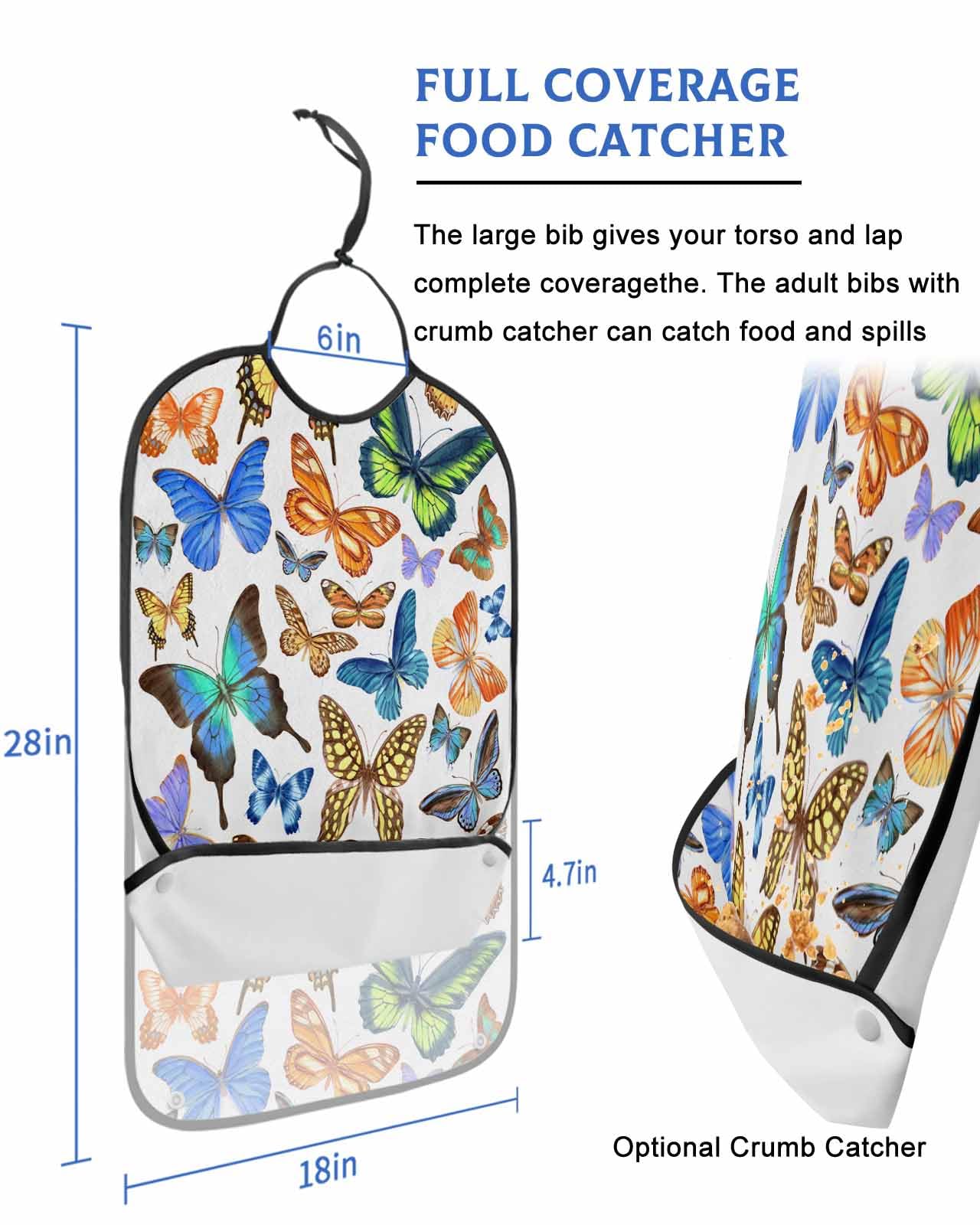 LEOKOTI Butterfly Adult Bibs for Eating, Waterproof Bibs with Food Catcher & Adjustable Snap Closure, Watercolor Farmhouse Colorful Butterfly Washable Clothing Protectors Adult Bibs for Elderly