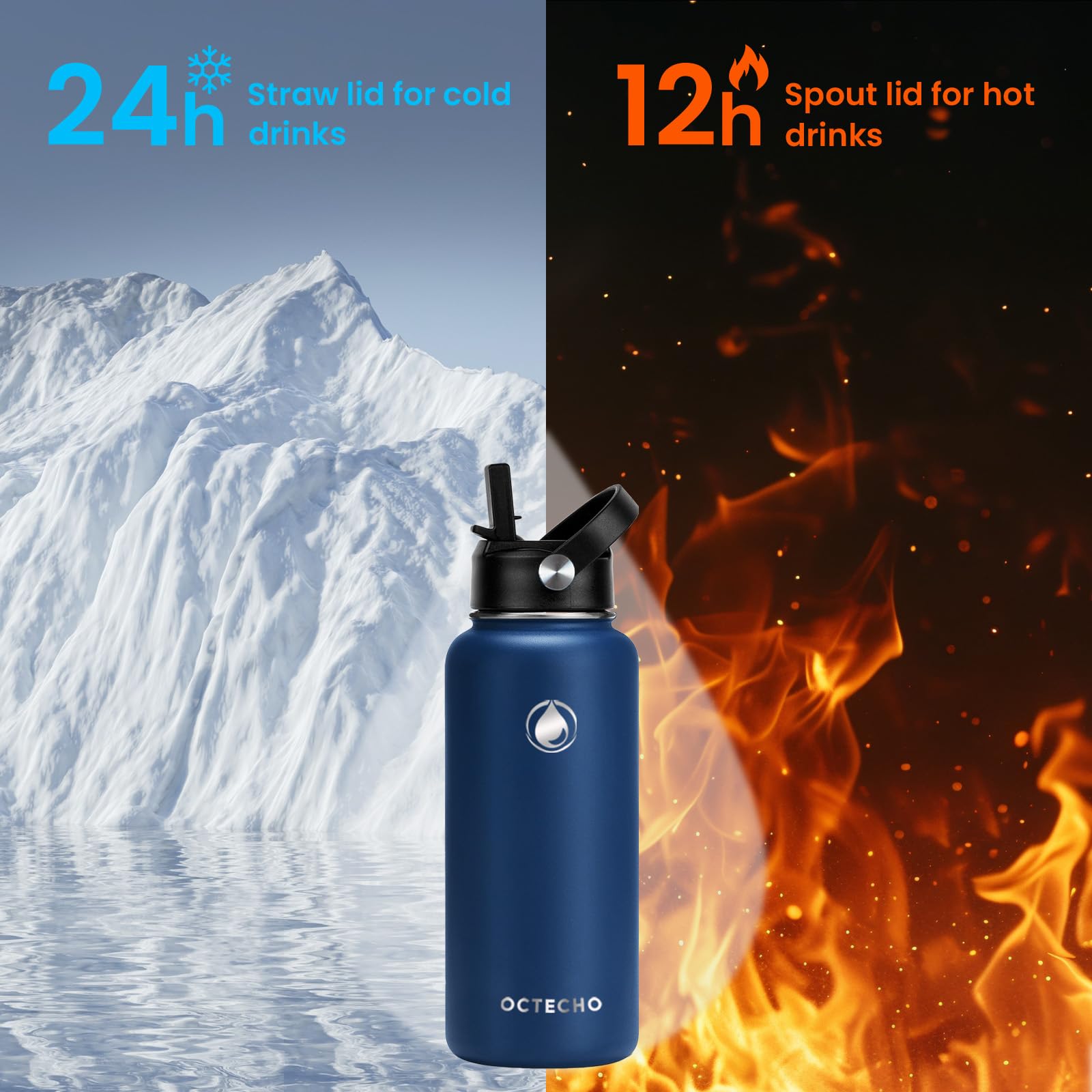 OcTecho Metal Water Bottle with Straw, 950ml Stainless Steel Water Bottle 2 Leakproof Lids - Image 3