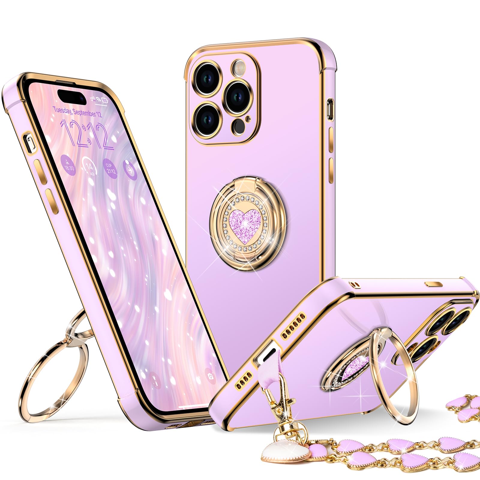 Coque iPhone 15 Pro Max avec double support béquille violette bling bling - 7