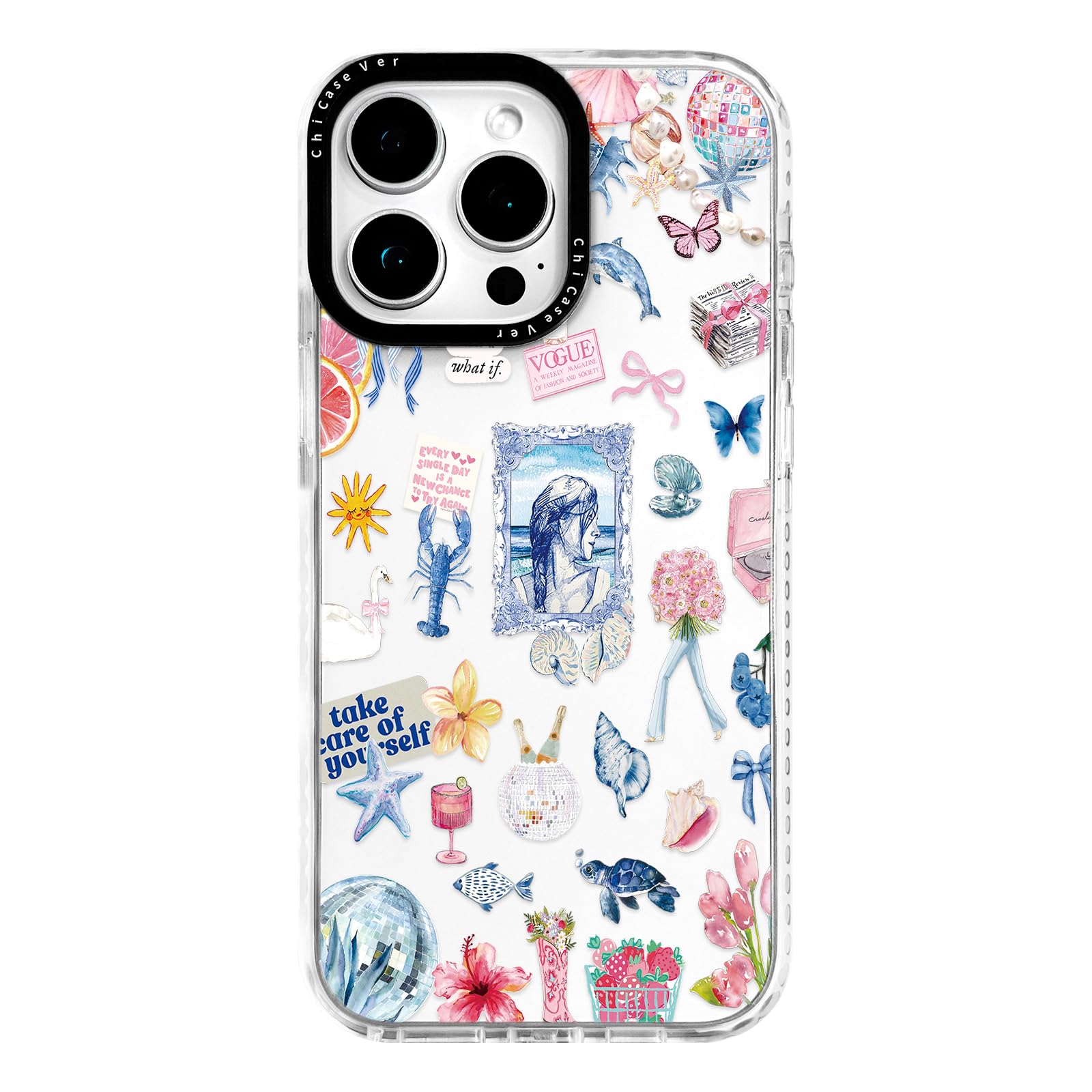 ChiCaseVer for iPhone 14 Pro Case, Ocean Self-Care Collage Pattern with Sea Creatures, Military-Grade Drop Protection, Aesthetic Soft Slim TPU