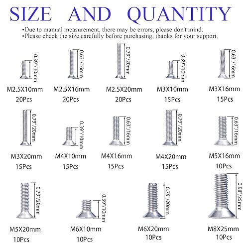 Miniatura 2 de Surtido de tornillos métricos M2.5 M3 M4 M5 M6 M8 Tornillos avellanados de cabeza plana, acero inoxidable 304, rosca completa, unidad de enchufe