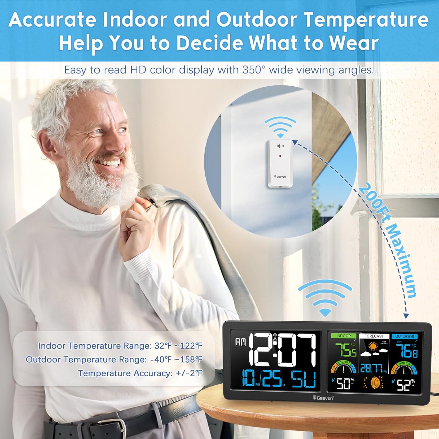 Geevon Weather Station main unit and remote sensor showing wireless range