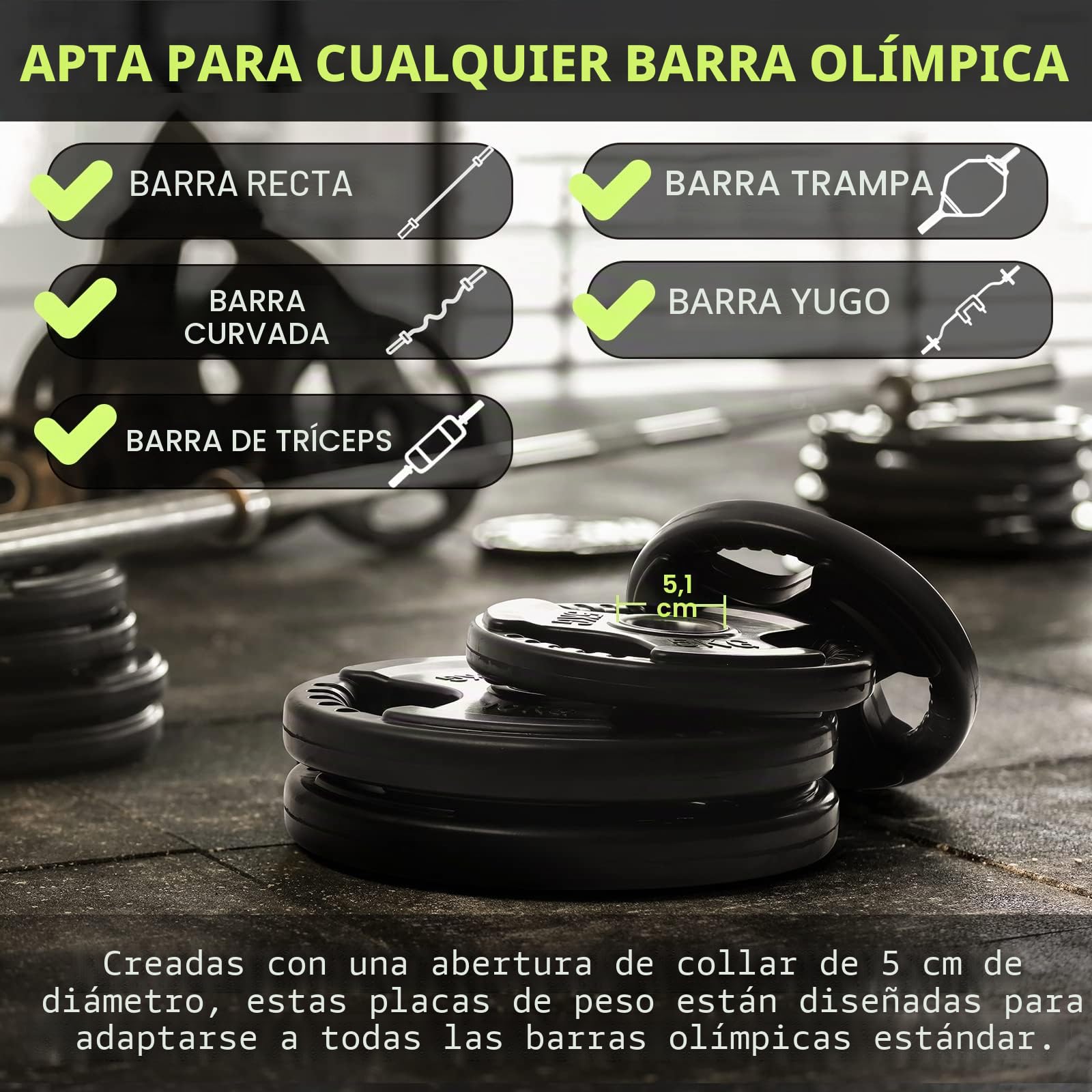 PhysKcal discos de pesas olímpicas de 1,25 kg a 25 kg con acabado de goma, centro de apertura de Φ 5,1 cm y diseño de triple agarre, discos negros para levantamiento y entrenamiento de fuerza