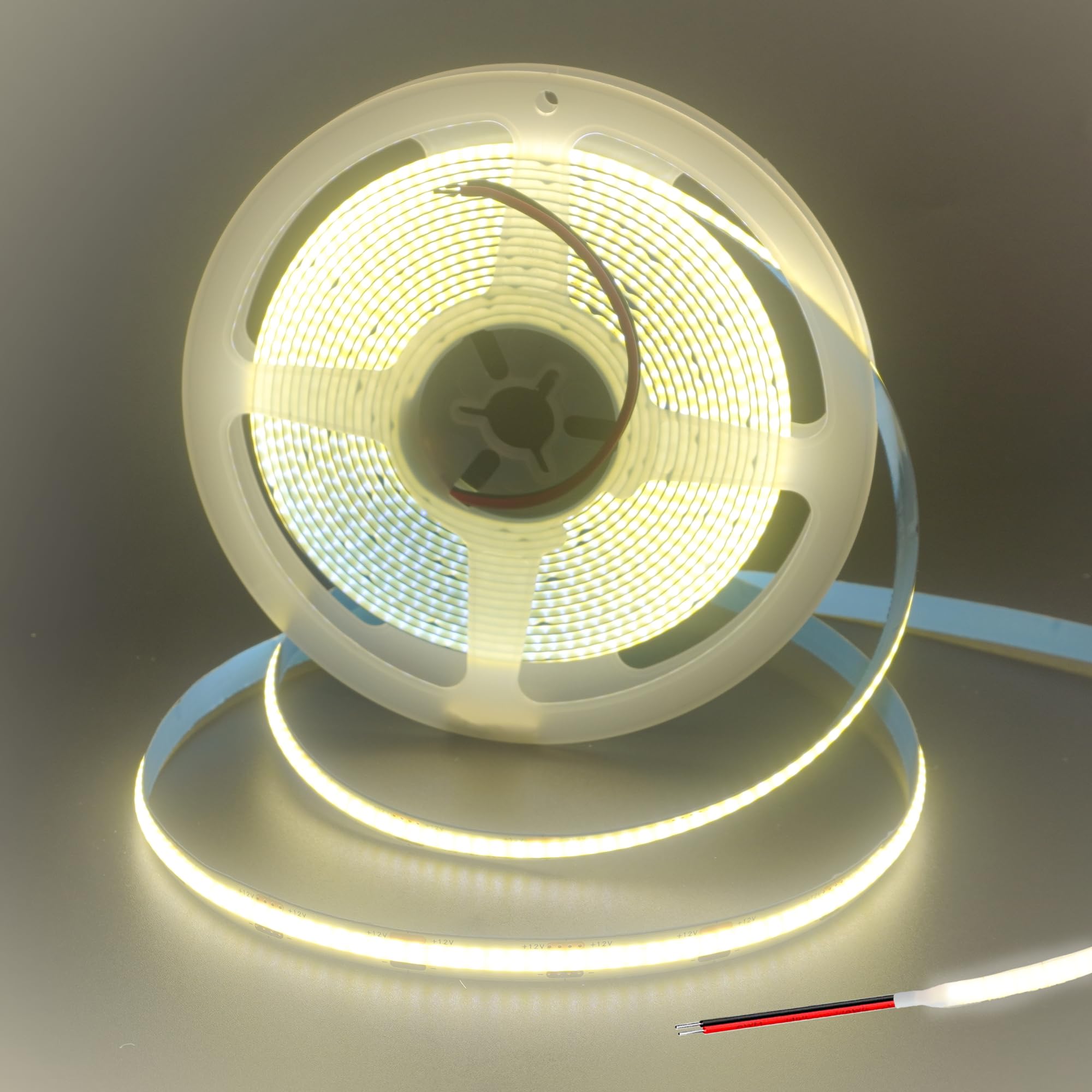Clearhill 12V COB LED Strip Lights with Double-Ended Red and Black Wire (No Power Supply),16.4FT/5M,Natural White 4000K,320LEDs/M,8mm Width,CRI90,Electroplated Double-Sided Panel,10W/M,IP20