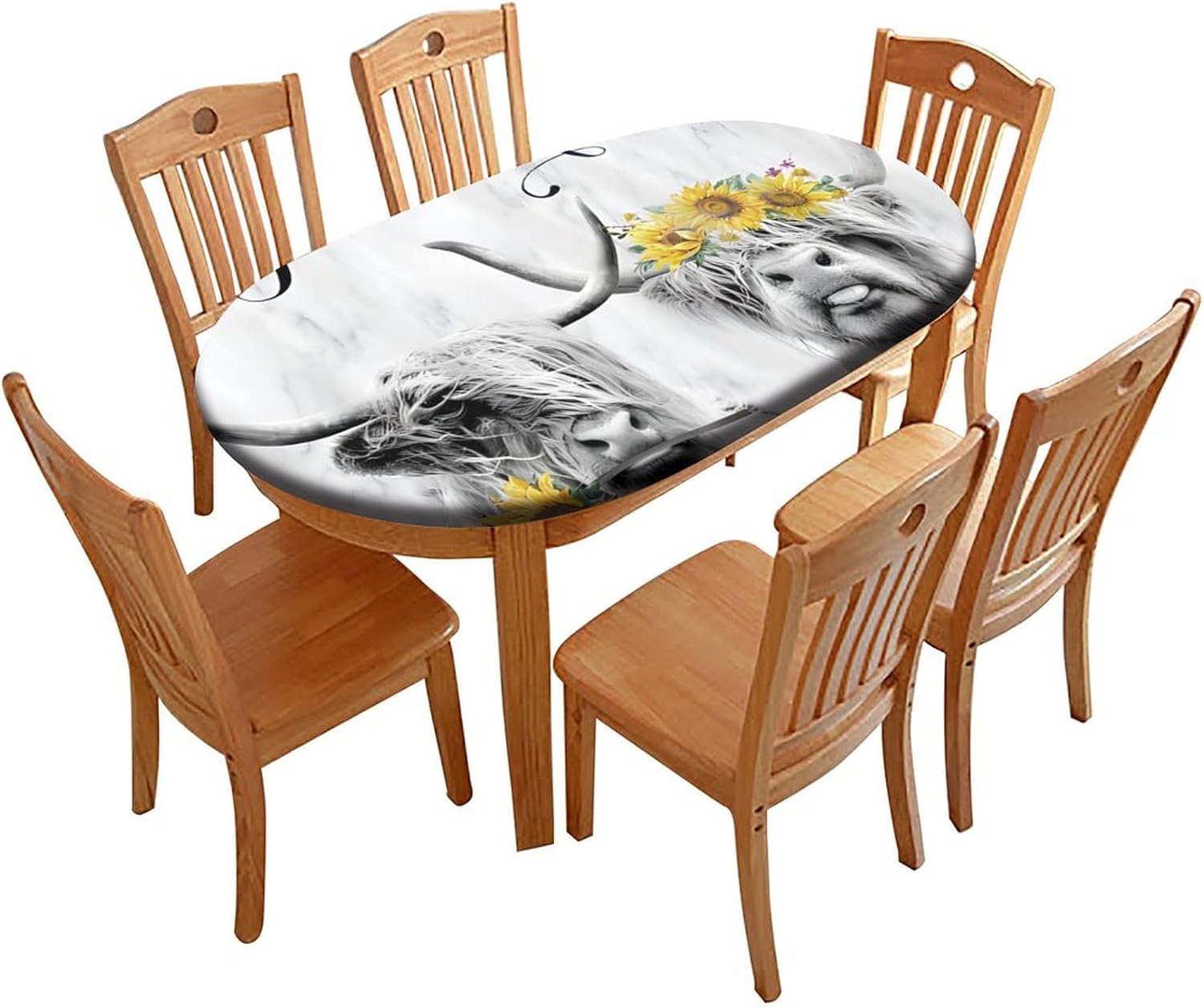 Oval Fitted Tablecloth with Elastic Edge,Sunflower, Get Naked Farmhouse Cow, Grey Washable Wipeable Tablecolth, for Outdoor Picnic Camping and Indoor Kitchen Dining Party,Fits for 48 x 80”Oval table