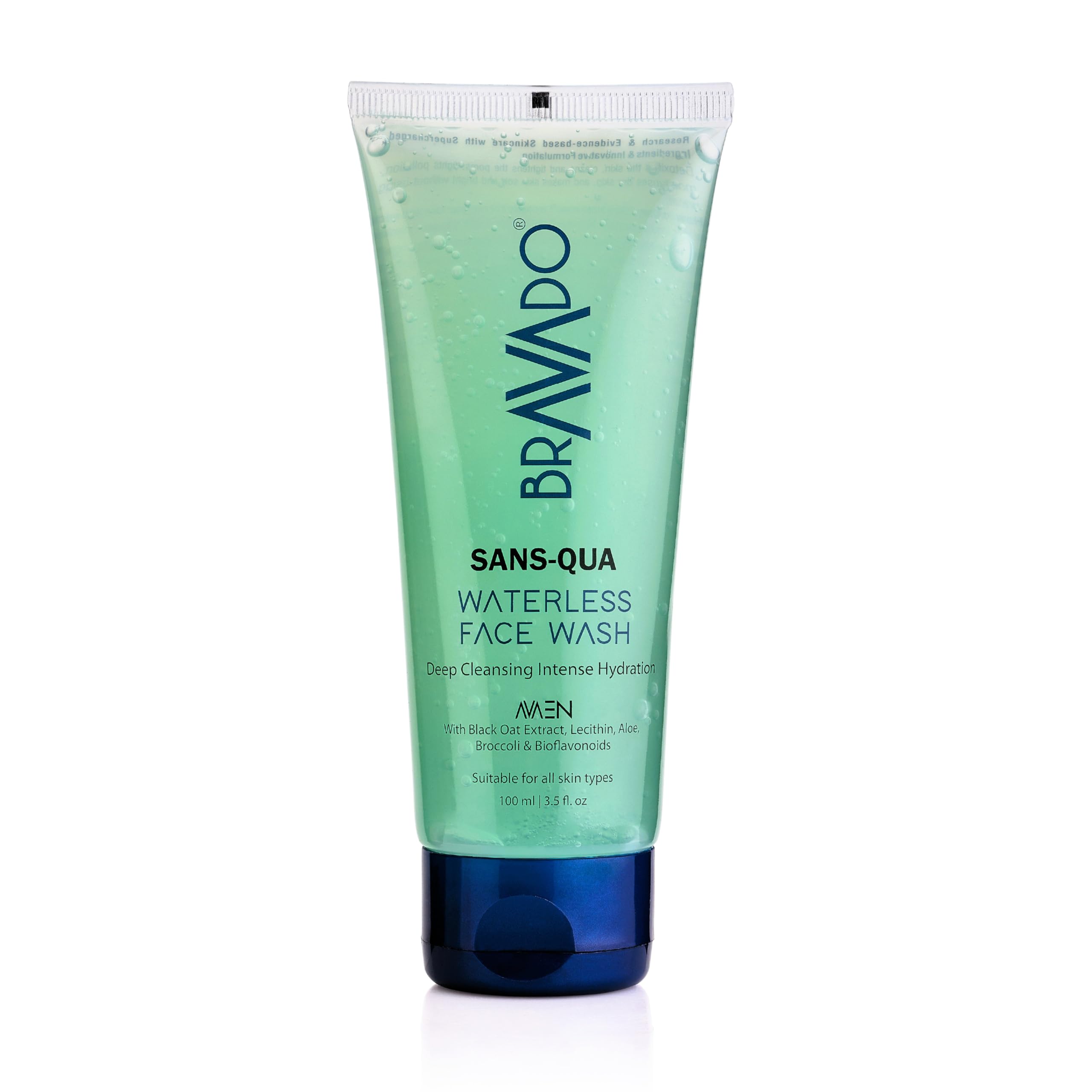 BRAVADO Sans-Qua Waterless Face Wash for Men, No Rinse Liquid Gel Cleanser, Removes Oil Dirt & Pollution, Hydrating Aloe & Black Oat Formula, Quick Clean On The Go, 100ml Tube