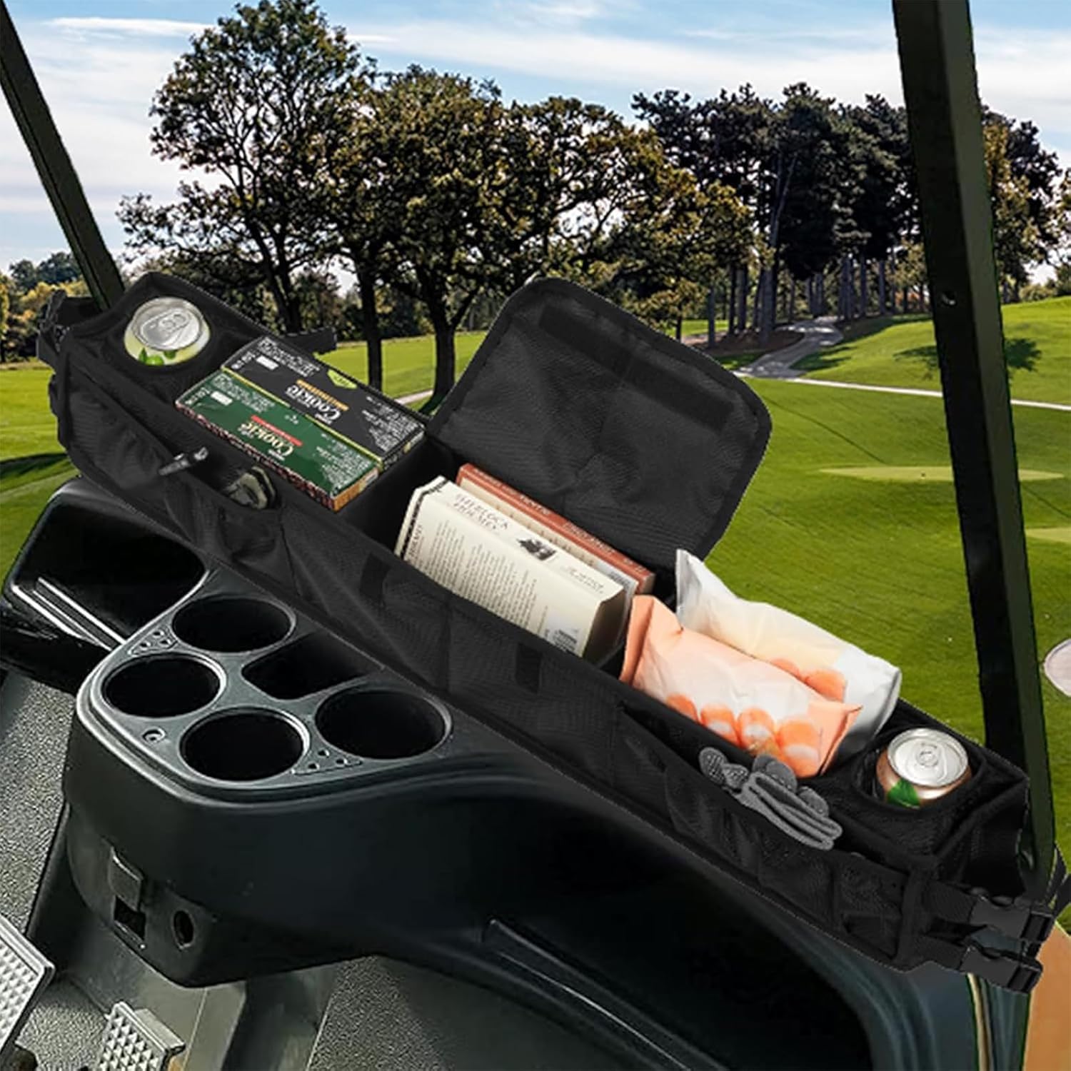 Golf Cart Storage Basket Inner Front, No-Drilling Golf Cart Organizer Bag with Insulated Cup Holders Compatible with EZGO, Club Car, Kandi Yamaha ICON