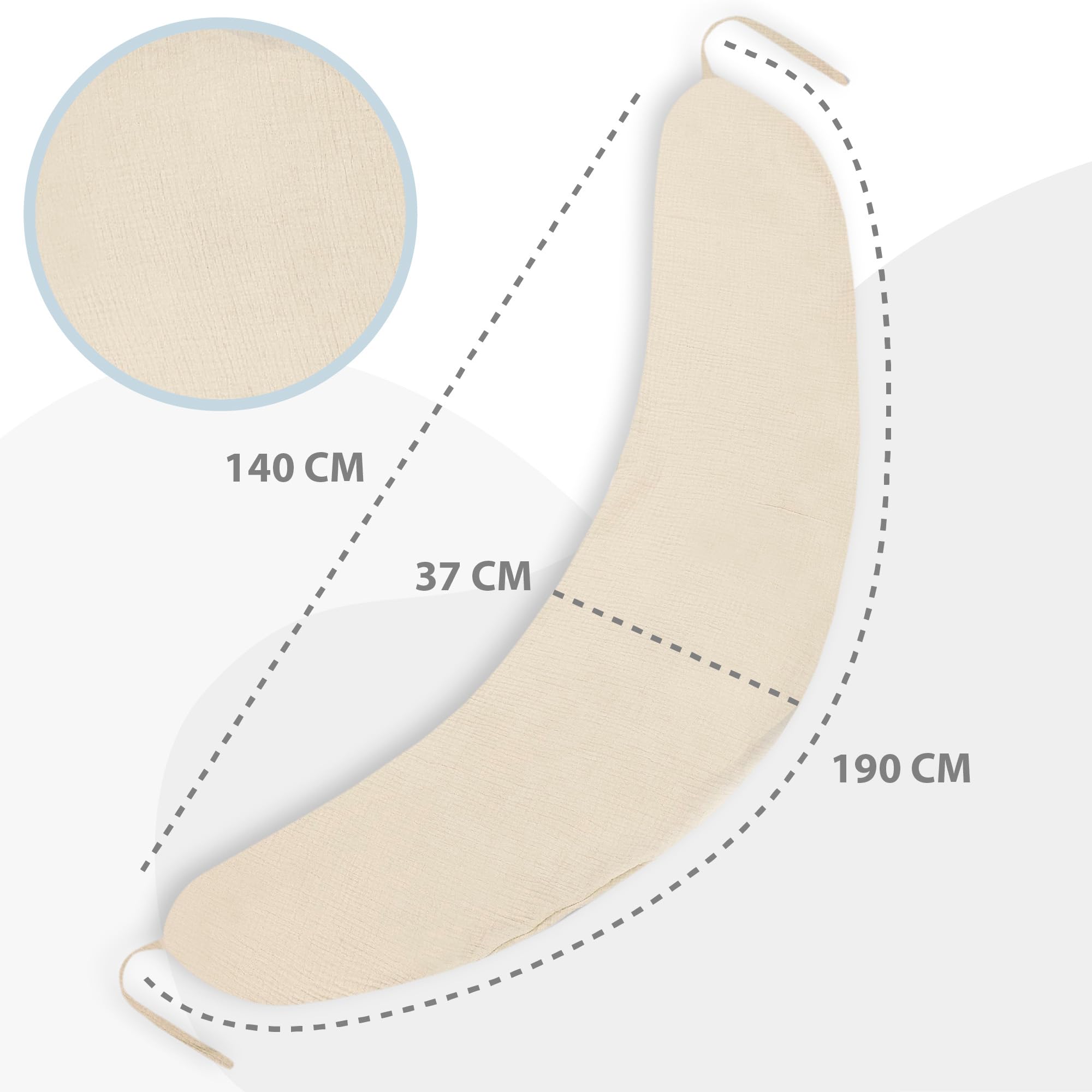 Cuscino allattamento e gravidanza Mussola 190cm – Guanciale laterale corpo per dormire sul fianco Supporto perfetto per il riposo e il relax Ideale per maternità e futuro mamme Forma a C Oeko-Tex