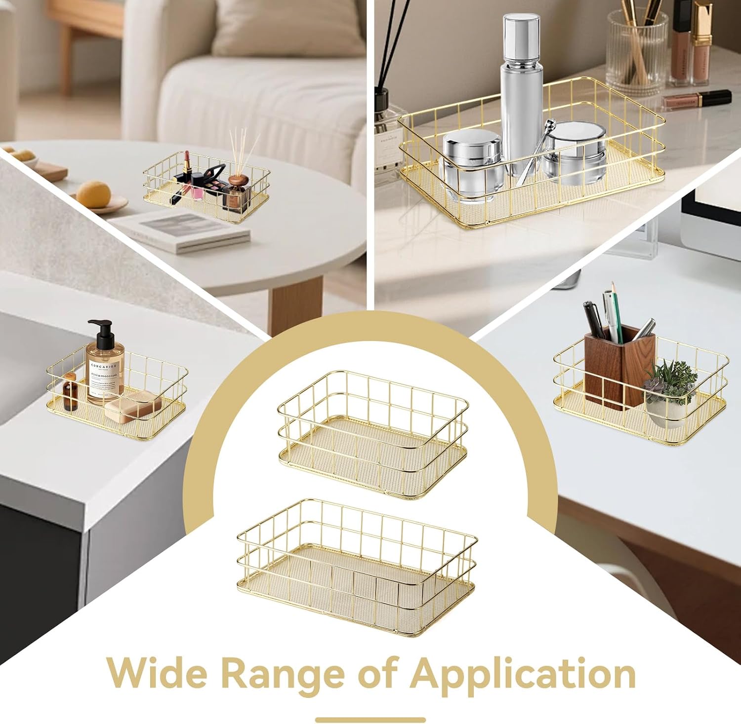 2Pcs Gold Wire Baskets, Desktop Metal Storage Basket Bathroom Gold Organizer, Wire Mesh Baskets Iron Grid Storage Tray Vanity Dresser Ornament for Bathroom Office Home