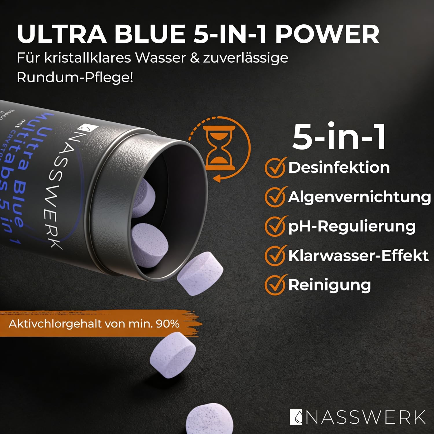 NASSWERK 5 in 1 Chlortabletten für Pool 20g (1kg bis 10kg) | Langzeit Ultra Blue Multitabs 5 in 1 für Pool & Whirlpool | Mini Chlortabs mit Chlor, Algizid, pH Regulierer, Reiniger & Aquamarin