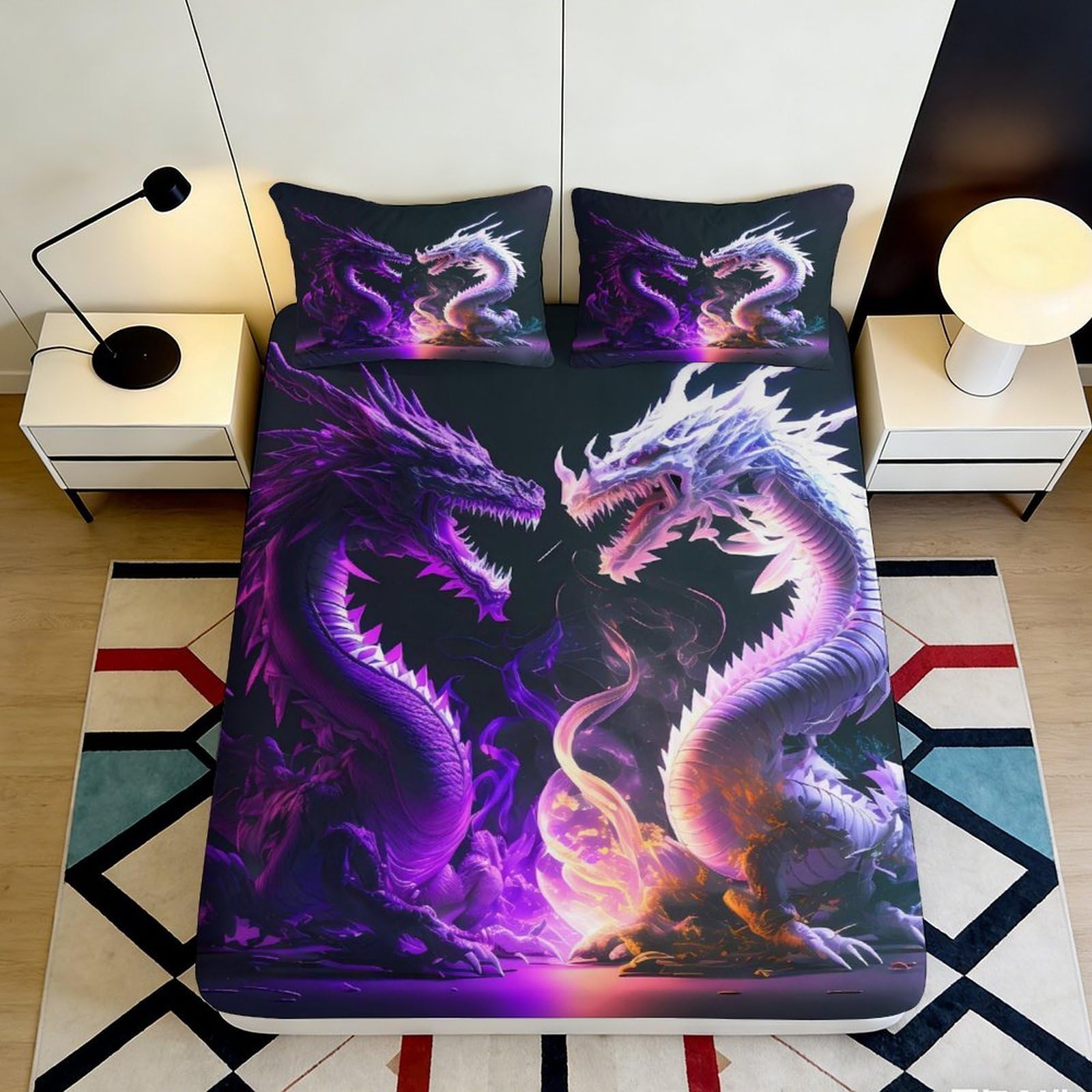 3D Printed Dragon Battle Fitted Sheet Microfiber Soft Breathable Purple and White 3D Printed Fire and Ice Mattress Cover for Bedroom Dormitory Guest Room Mattress Protection 90x200x25cm