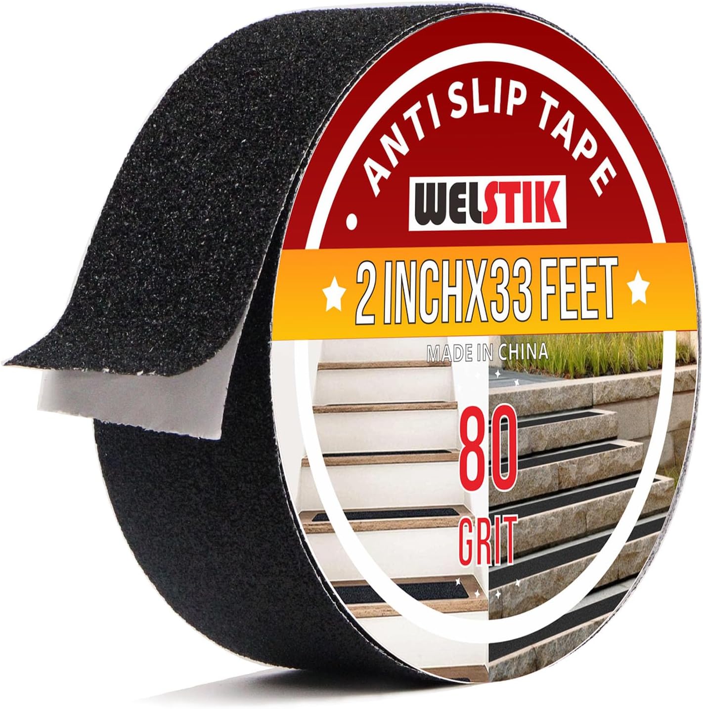 WELSTIK Anti Slip Grip Tape 2 Inch - Heavy Duty Non Skid Tape High Traction 80 Grit Non Slip for Waterproof Stairs Non Skid Treads, Indoor, Outdoor (Black, 2" X 33')