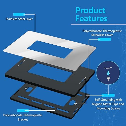 Miniatura 308 de LIDER - Cubierta decorativa de interruptor doble con acabado mate, placa de pared sin tornillos, tamaño mediano, 2 bandas, 4.88 x 4.92 pulgadas