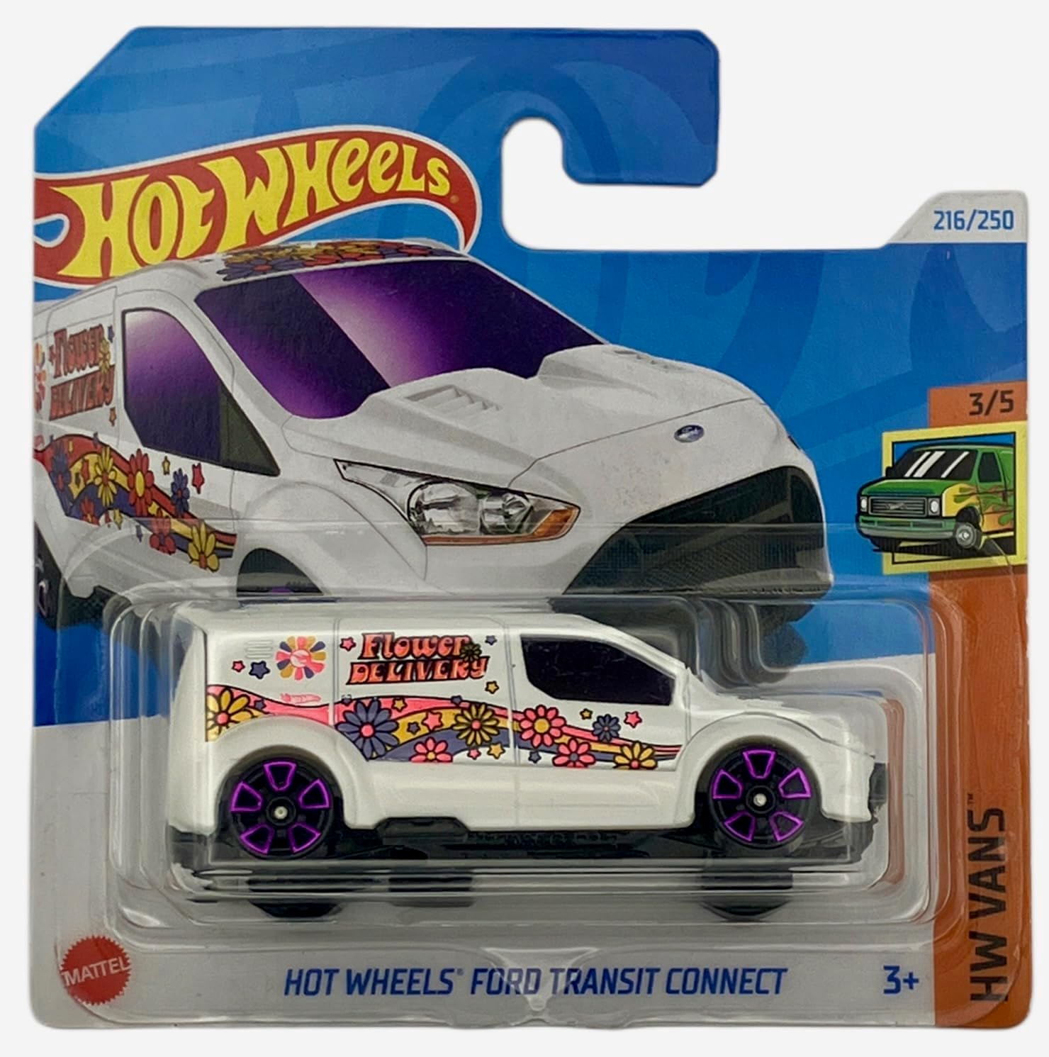 Hot Wheels - Ford Transit Connect - HTF26 - TH - Treasure Hunt - HW Vans 3/5 - White with Flower Design - Mattel 2024 (216/250) - 1:64 - Licensed Model