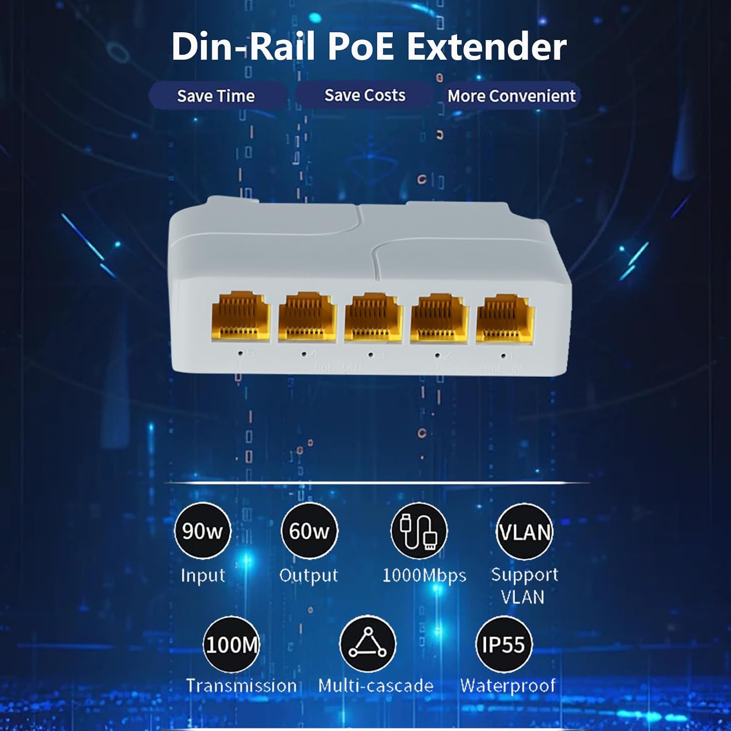 5 Port Gigabit PoE Extender 1 in 4 Out-IEEE 802.3af/at, 90W in 30/60W Out PoE Repeater 10/100/1000Mbps, Vlan & Extend to 250m, Din-Rail & Wall Mount PoE Passthrough Switch Plug & Play