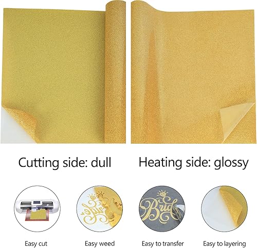 Miniatura 4 de guangyintong Rollos de vinilo de transferencia de calor con purpurina dorada, vinilo dorado para planchar de 12 pulgadas x 5 pies para camisetas,