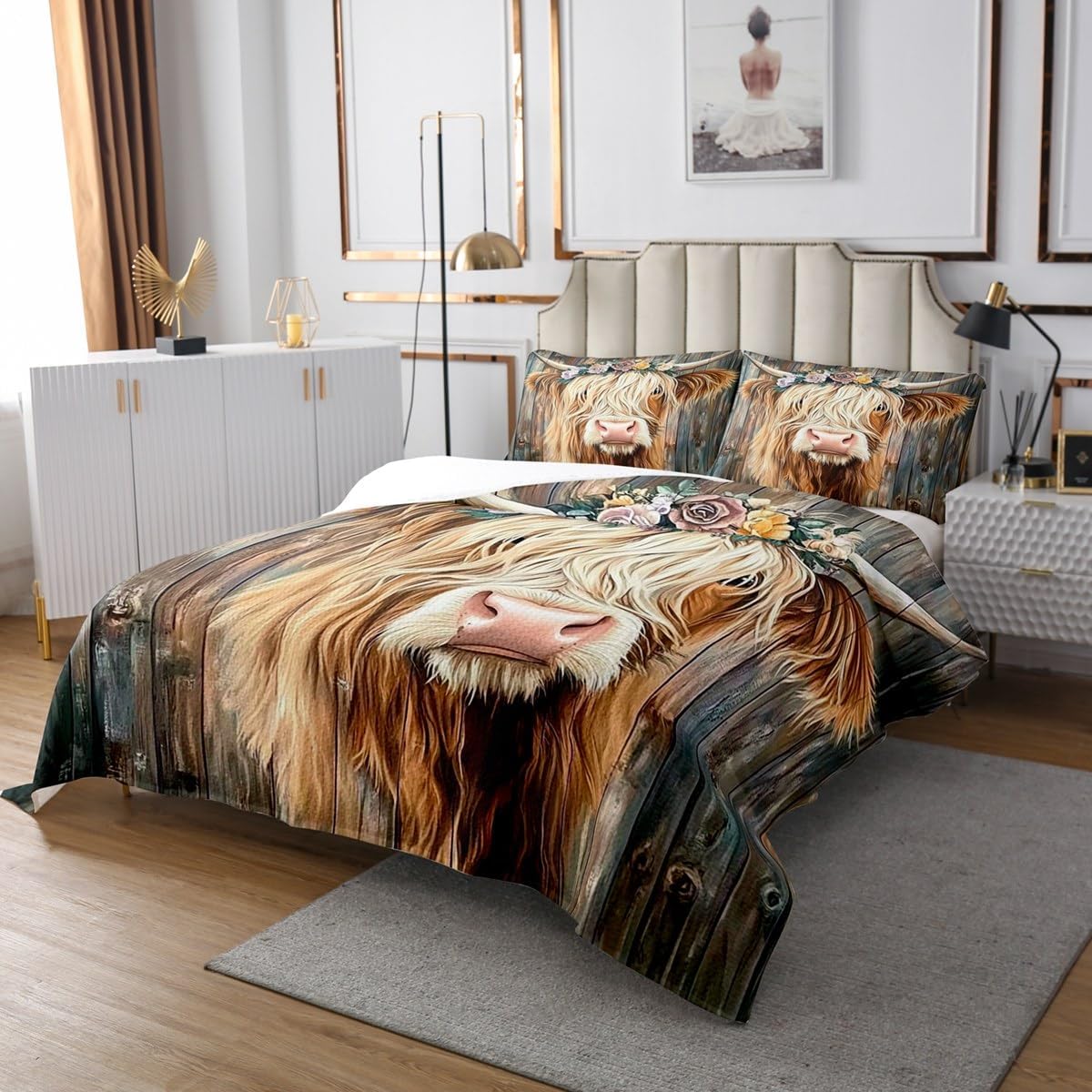 Erosebridal Highland Cow Theme Coverlet Set Twin Size Wildlife Safari Bedspread for Kids Boys Girls Wooden Plank Rose Nature Rustic Funny Animal Brown Cowboy Quilted
