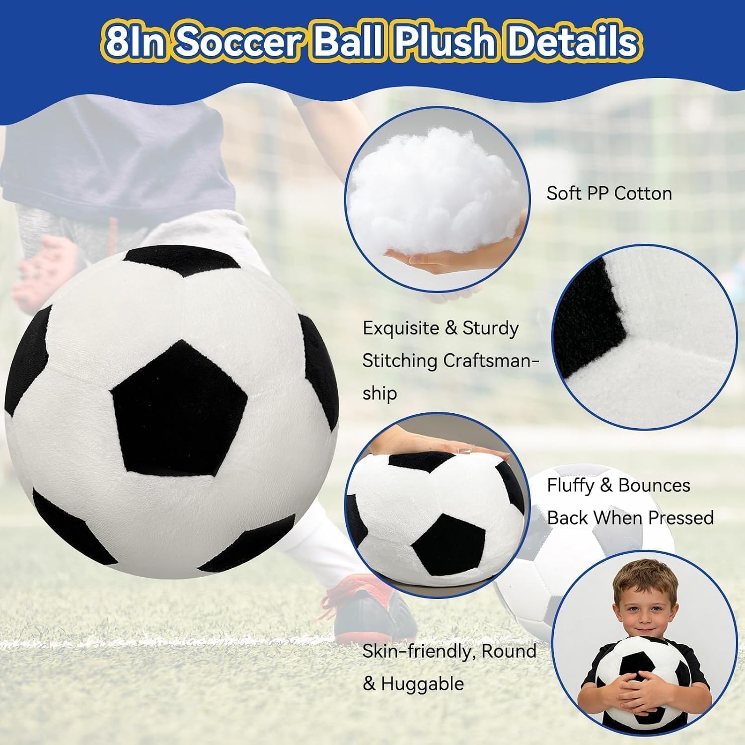 KUCCO Soccer Ball Pillow, Fluffy Stuffed Plush Decorative Throw Pillow, 8"