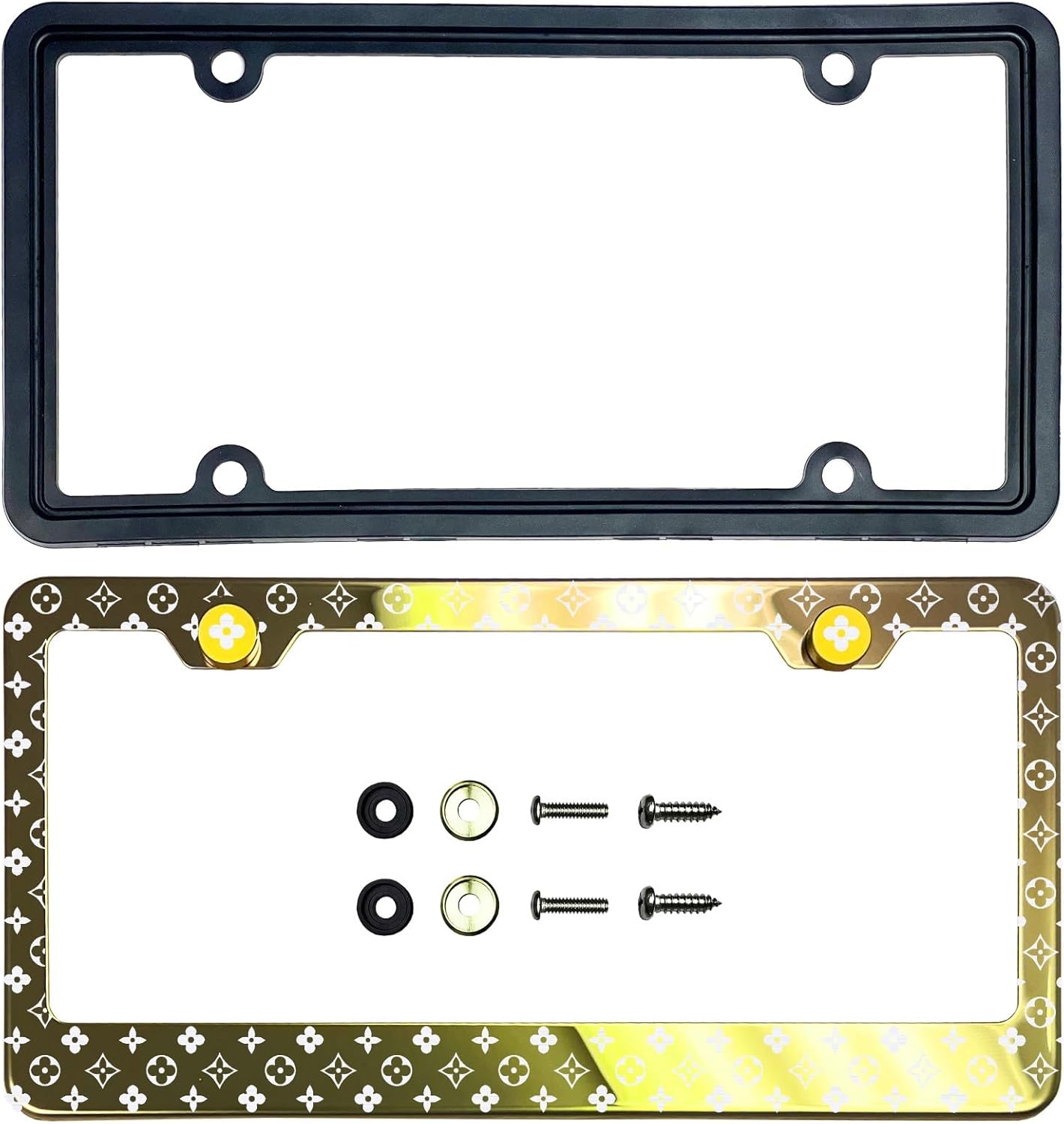 Gold Chrome Laser Etched Luxury Designer Monogram Four-Point Star Inside a Diamond Four-Petal Flower T304 Stainless Steel License Plate Frame Holder with Metal Screw Caps Cover (Qty: 1 Frame)