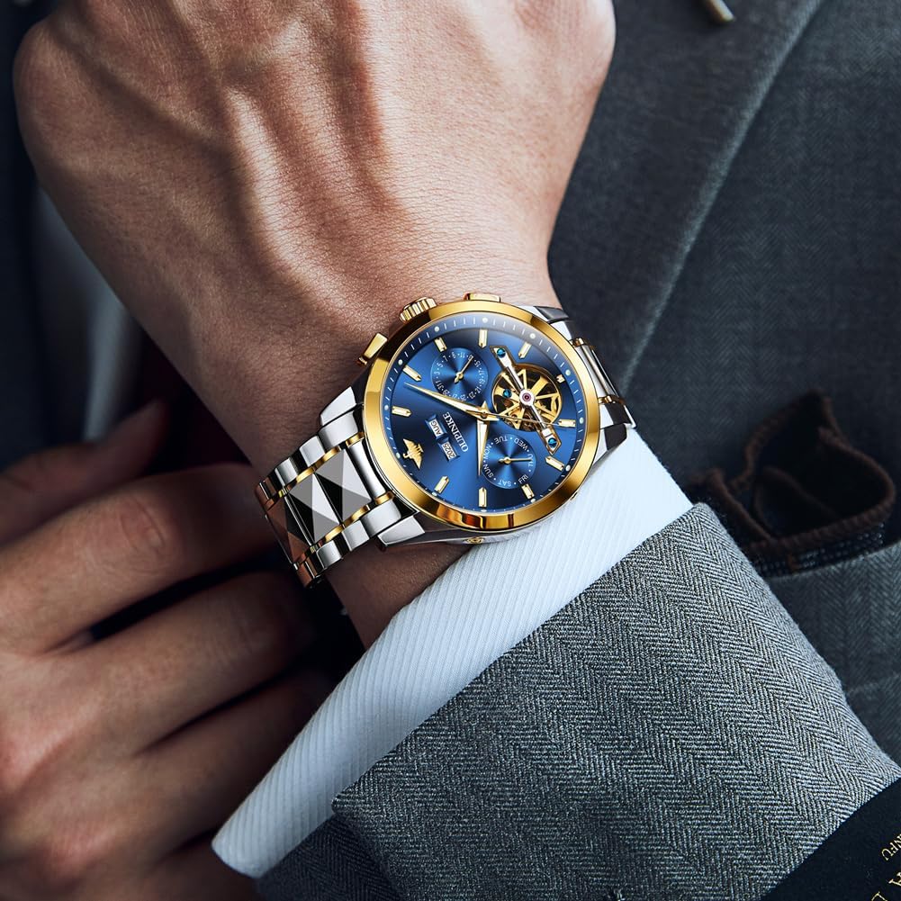 OLEVS Watch for Men Diamond Business Dress Analog Quartz Stainless Steel Waterproof Luminous Date Two Tone Luxury Casual Wrist Watch Blue - Image 2