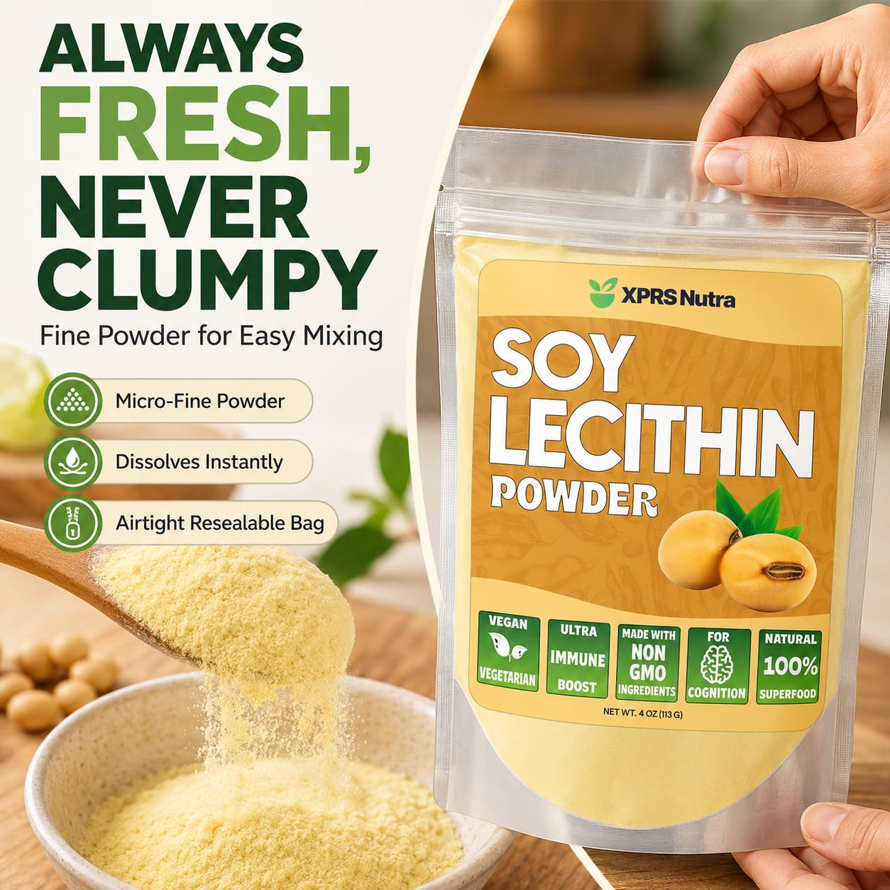 XPRS Nutra Soy Lecithin Powder Food Grade Fat Emulsifier - Suitable for Cooking, Baking and More - Vegan Friendly Soy Lecithin Powder Cooking Aid (4 Ounce) — Amazon image 3