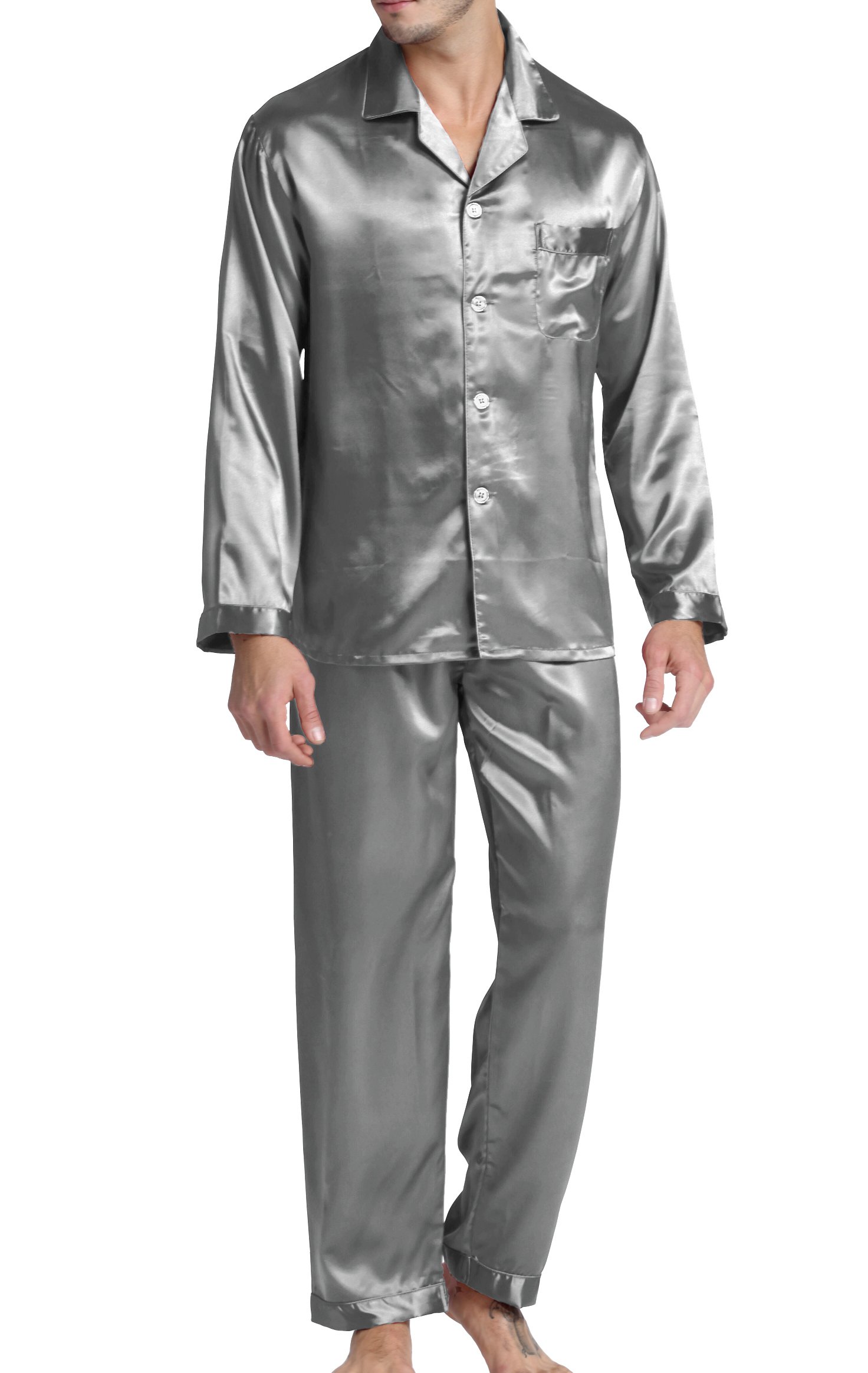 Sanraflic Men’s Sleepwear Satin Pyjama Set Nightwear Loungewear (Light Gray, XX-Large)
