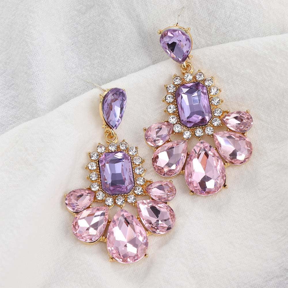 Leadigol Purple Crystal Pendant Earrings,Stud Earrings Party Exaggerated Dangle Earrings Accessories Rhinestone Baroque Flower Jewelry - Image 7