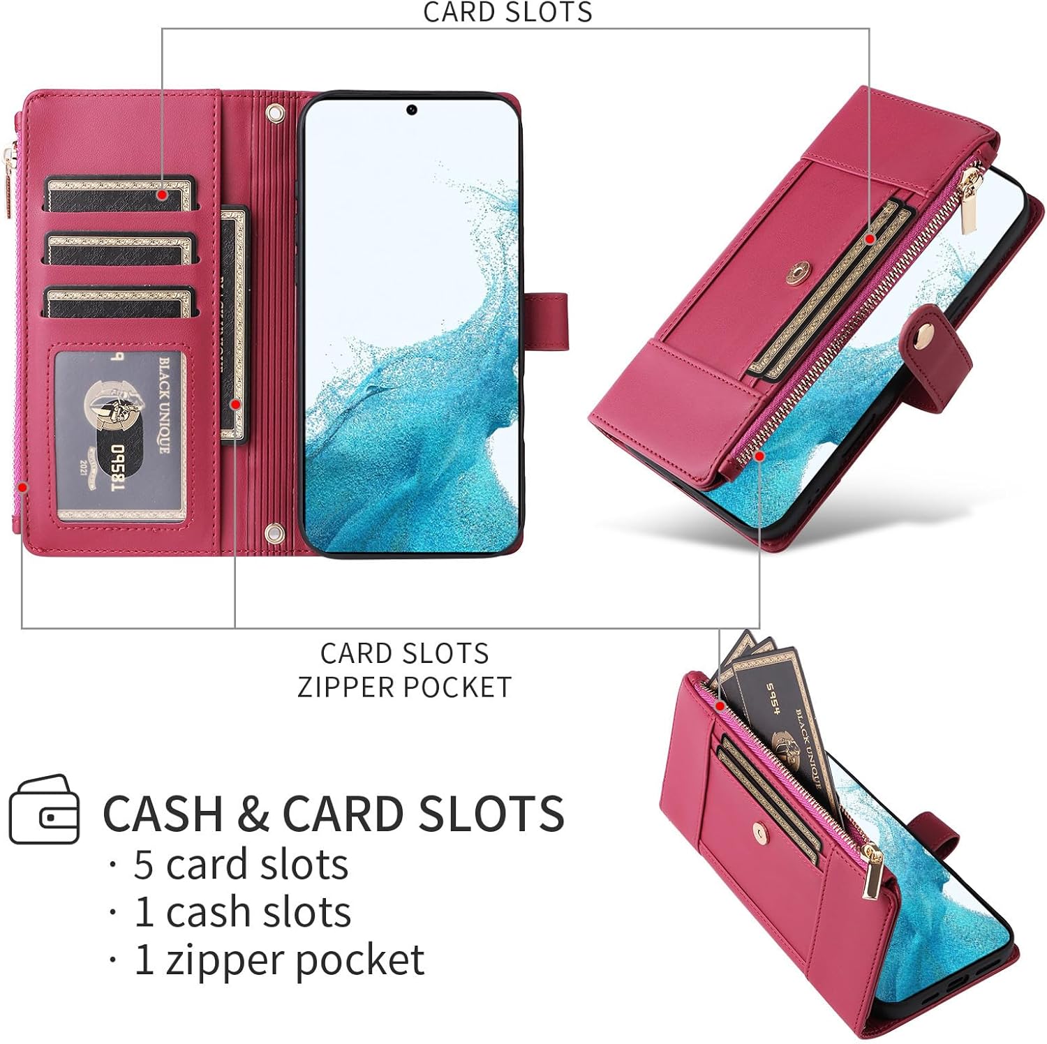 Asuwish Phone Case for Samsung Galaxy S22 5G Wallet Cell Cover with Tempered Glass Screen Protector RFID Blocking Crossbody Lanyard Strap Flip Credit Card Holder S 22 22S 4G G5 6.1 inch Women Men Red