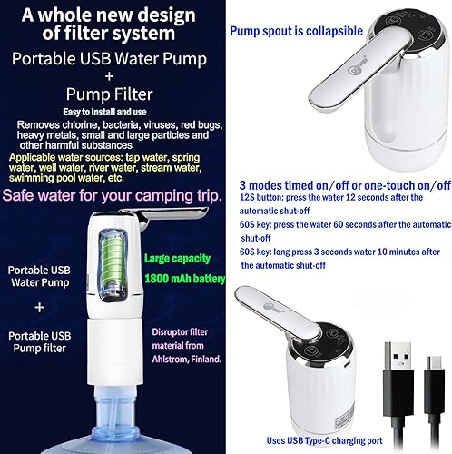 Miniatura 7 de CoolWAY Bomba de agua para botella de 5 galones, dispensador de agua automático de carga USB con batería recargable, bomba eléctrica portátil