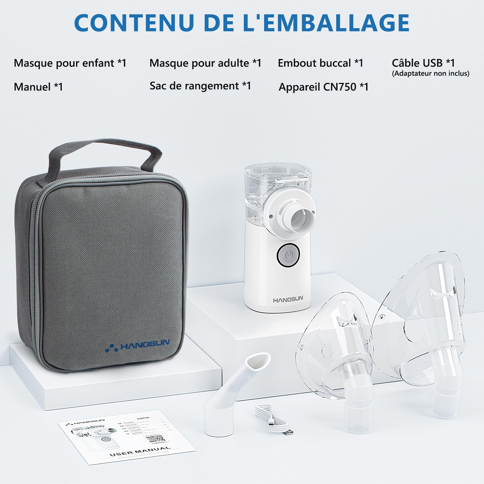 Hangsun Aerosol Portatile, Aerosol Ultrasuoni Silenzioso per Adulti e Bambini, Nebula Aerosol Mesh con Borsa di Stoccaggio, Supporta il Funzionamento a Batteria e USB,CN750(non ricaricabile)