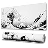 Ovenbird Gaming Mouse Pad with Stitched Edges, Japanese Wave Extended XL Mousepad with Anti-Slip Base, Cool Large Mouse Pad for Desk, 31.5 x 11.8 in, Black and White