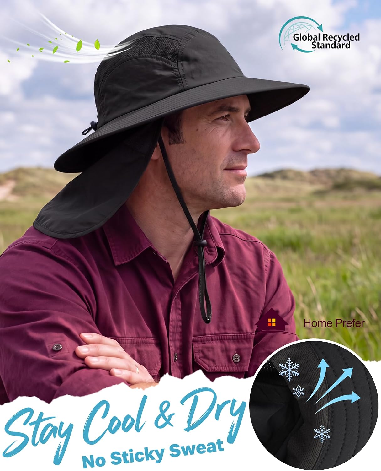 Home Prefer UPF 50+ Sun Hat with Neck Flap Wide Brim Fishing Hat for Men image 2