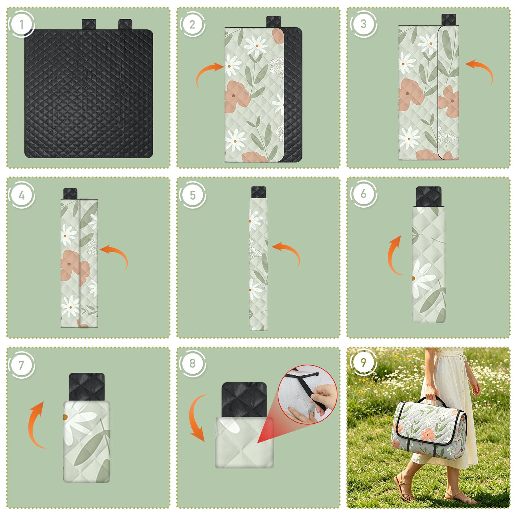 Picknickdecke 200x200 cm, Wasserdicht & Waschbar aus robustem Oxford Gewebe, Hautfreundliche Stranddecke isoliert, Faltbare Outdoor Matte für Familie, Camping & Park (Flower)